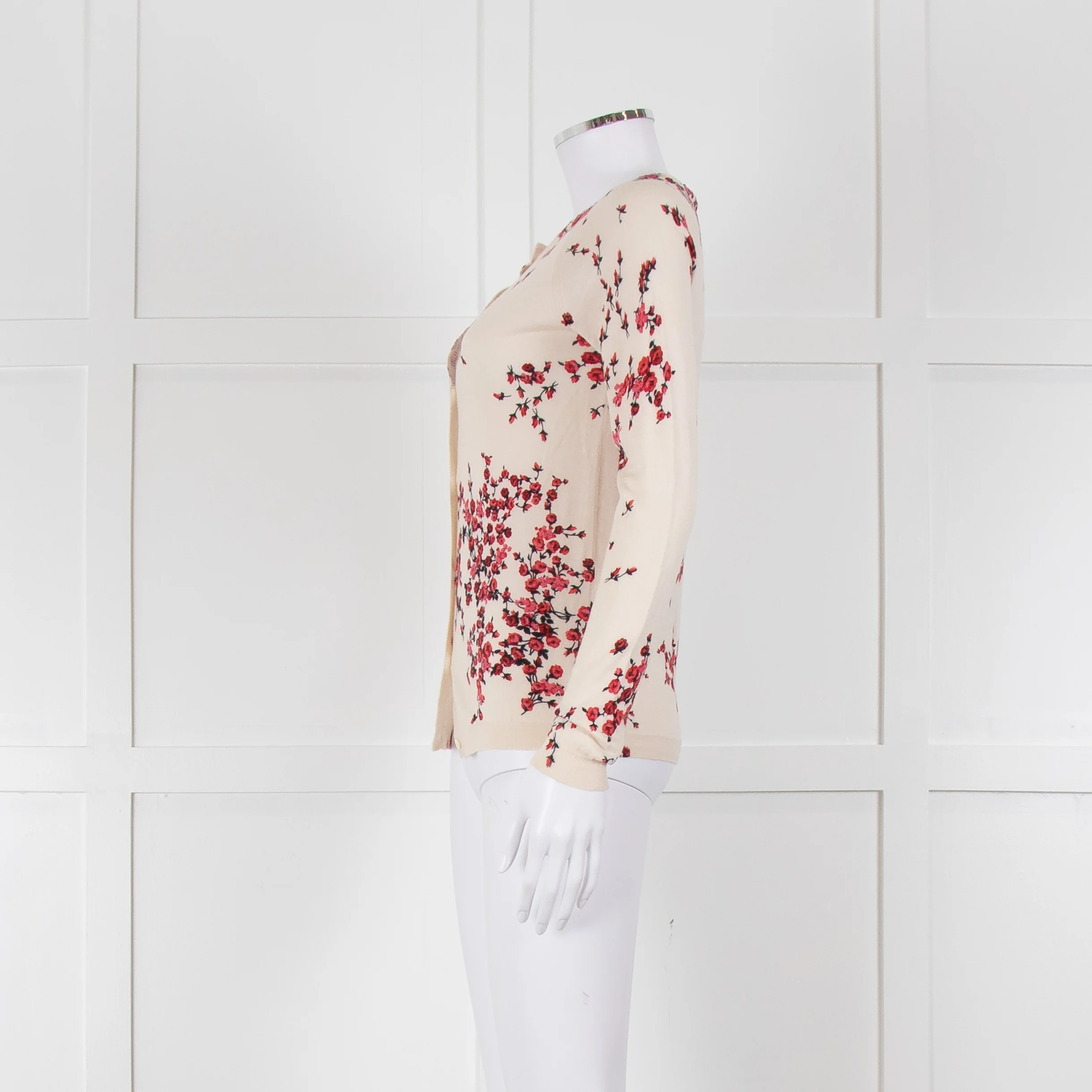 Max Mara Studio Cream Red Rose Bud Print Silk Wool Blend Cardigan - Image 7