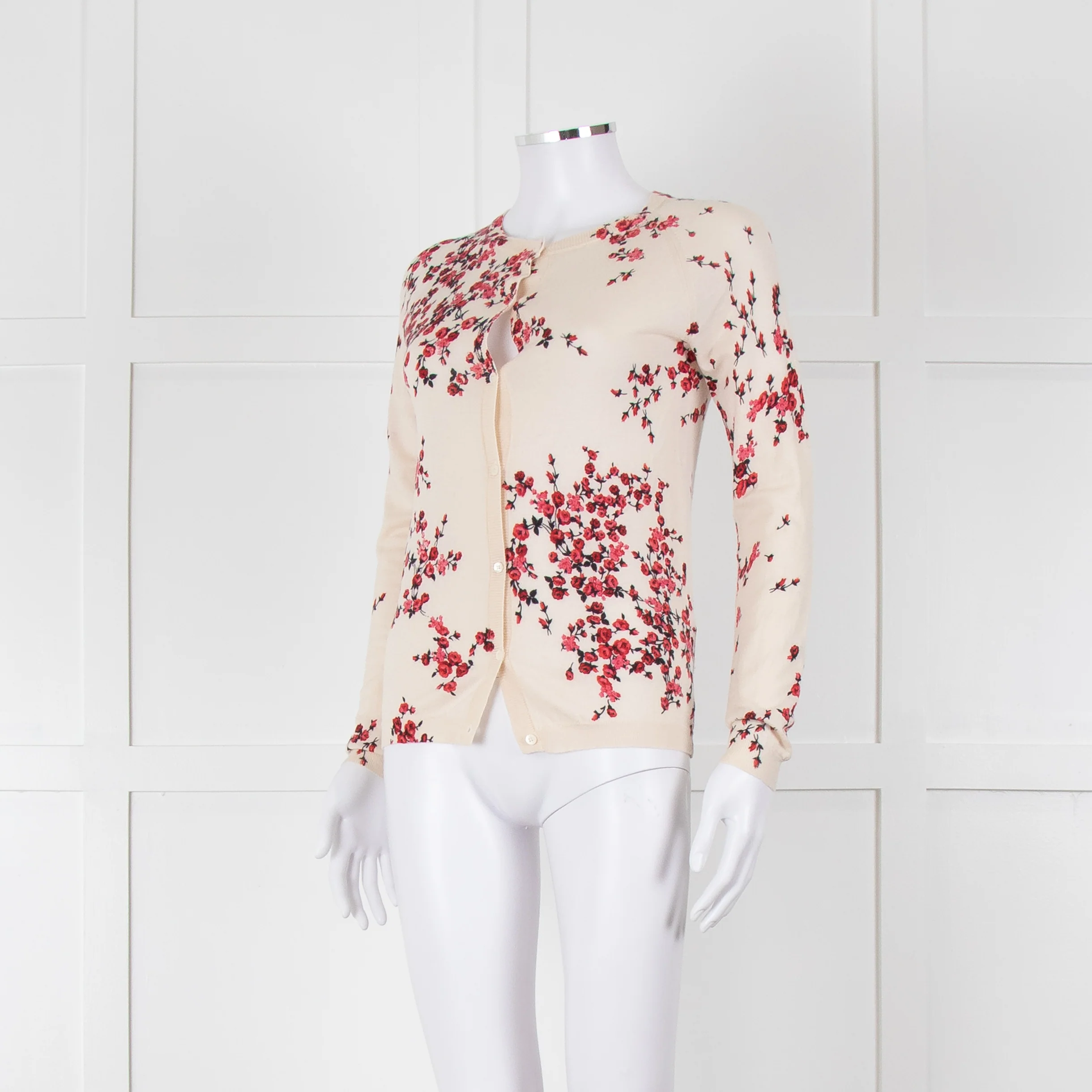 Max Mara Studio Cream Red Rose Bud Print Silk Wool Blend Cardigan - Image 8