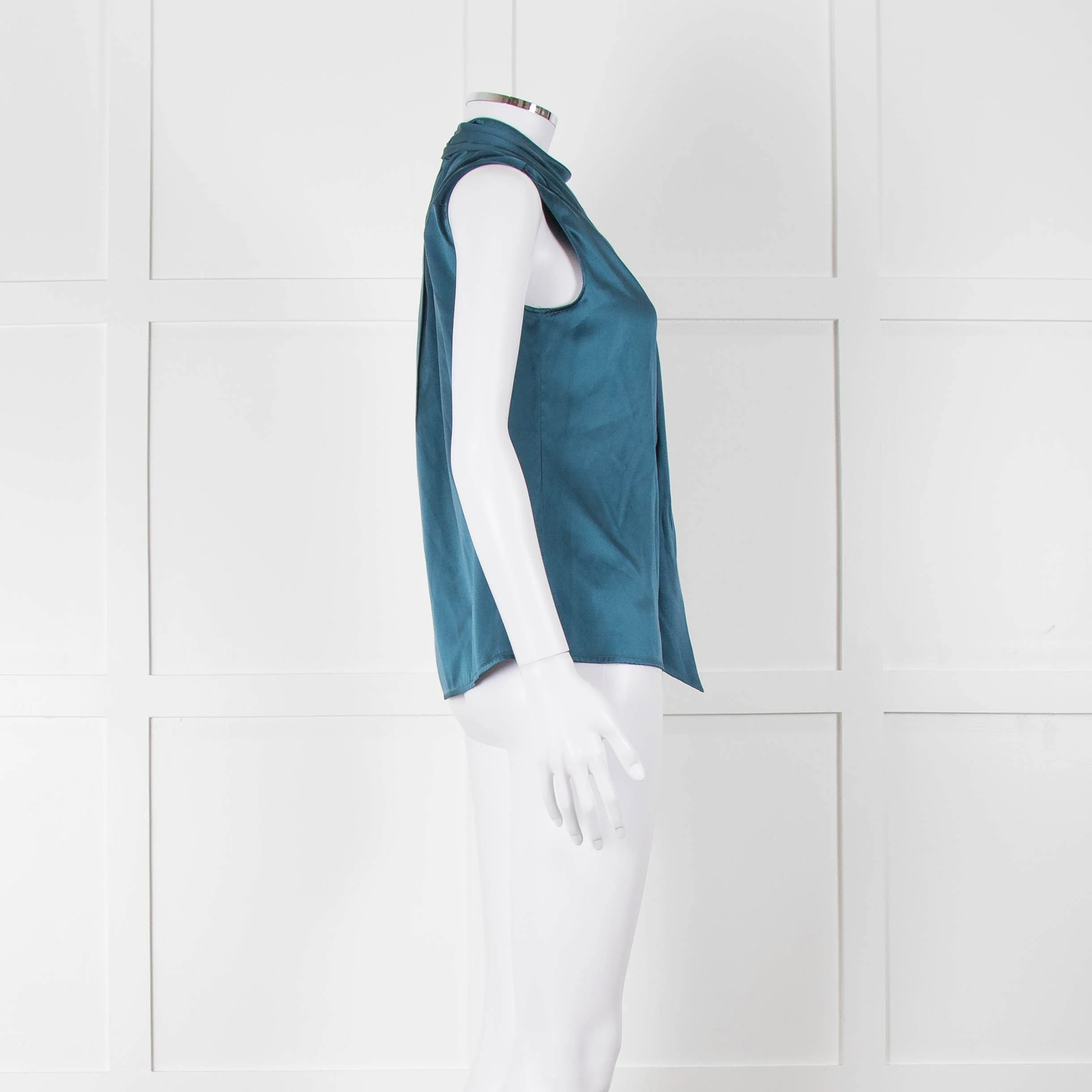 Max Mara Studio Teal Tie Neck Sleeveless Silk Top - Image 3