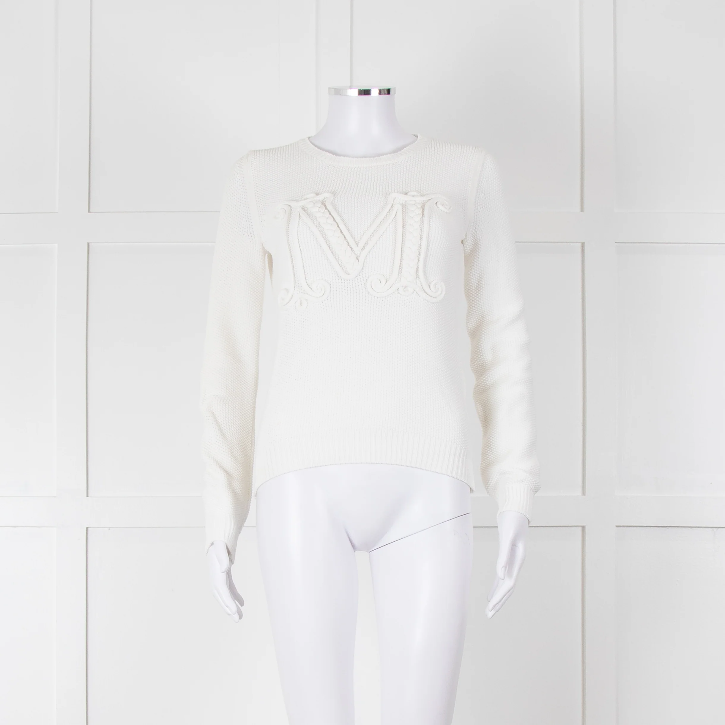 Max Mara White Cotton Blend M Logo Waffle Knit Jumper