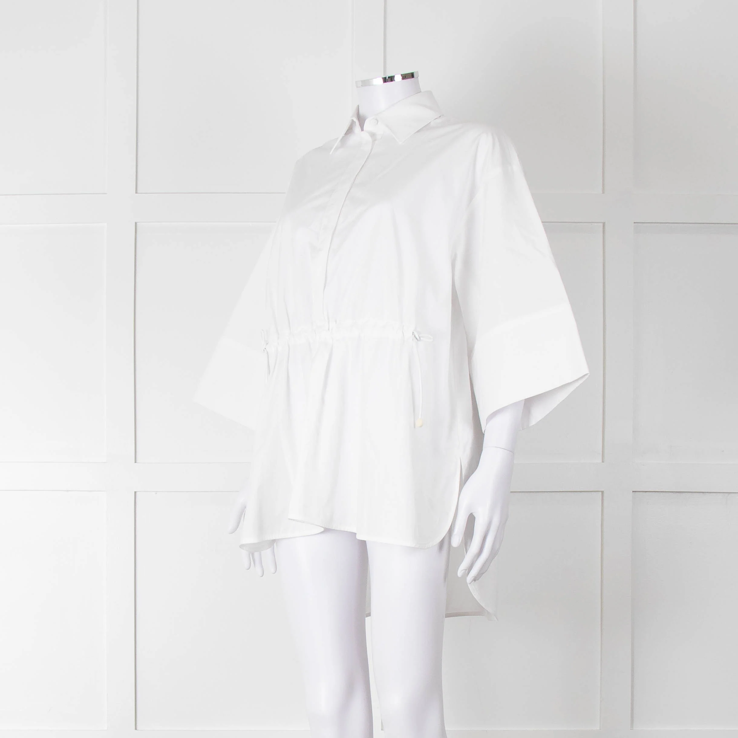 Max Mara White Cotton Draw String Detail Oversized Shirt - Image 8