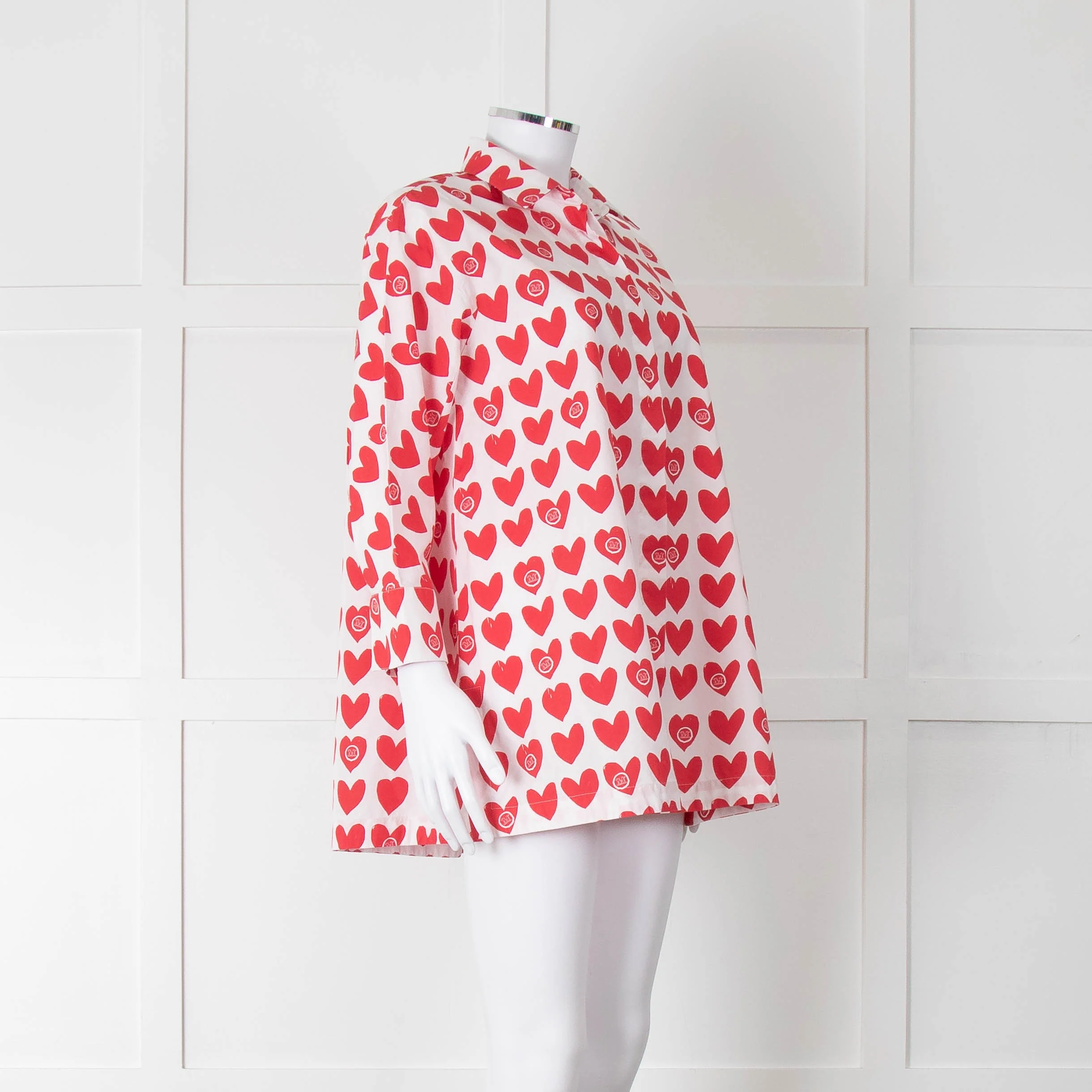Max Mara White Red Heart Print Cotton Oversized Shirt - Image 2
