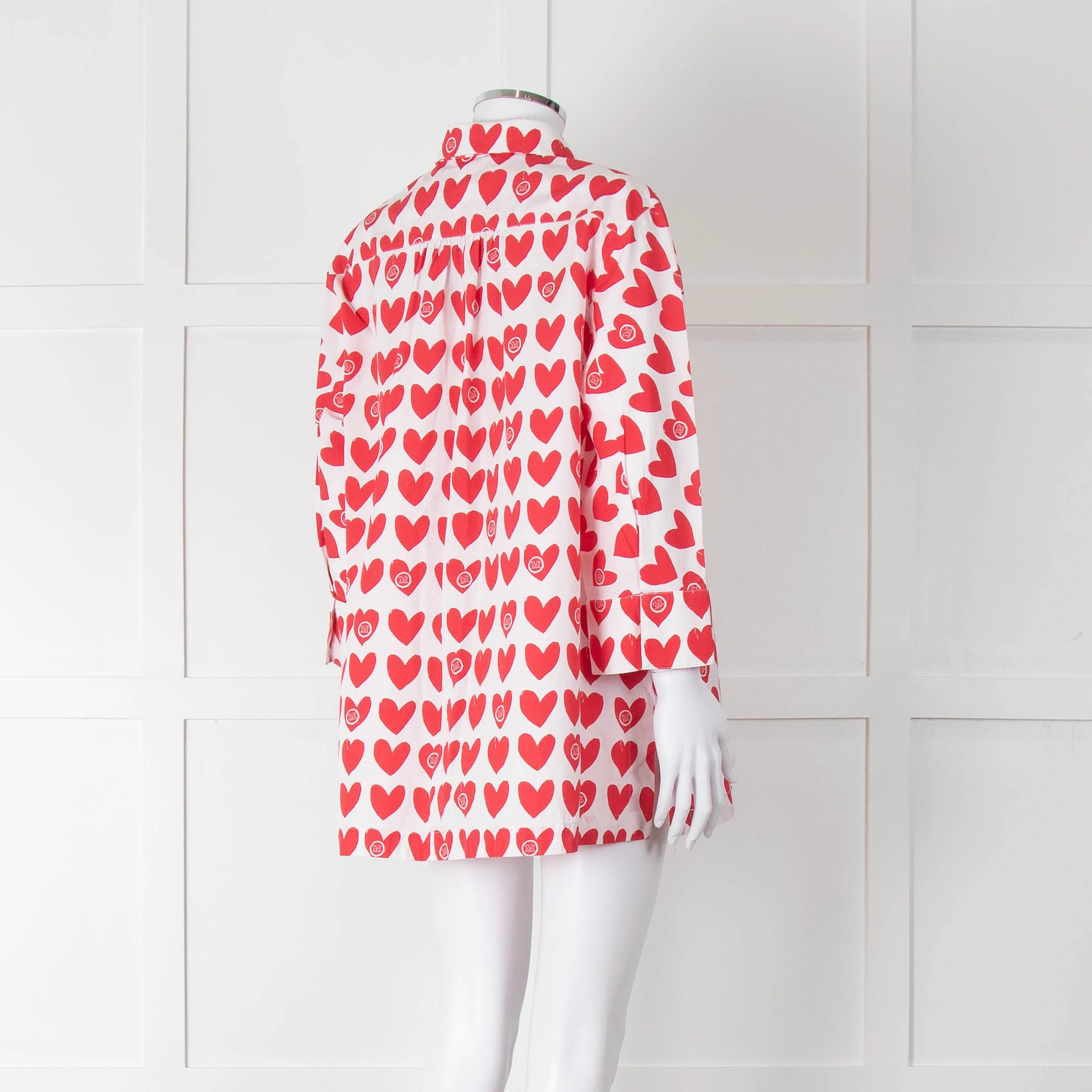 Max Mara White Red Heart Print Cotton Oversized Shirt - Image 4