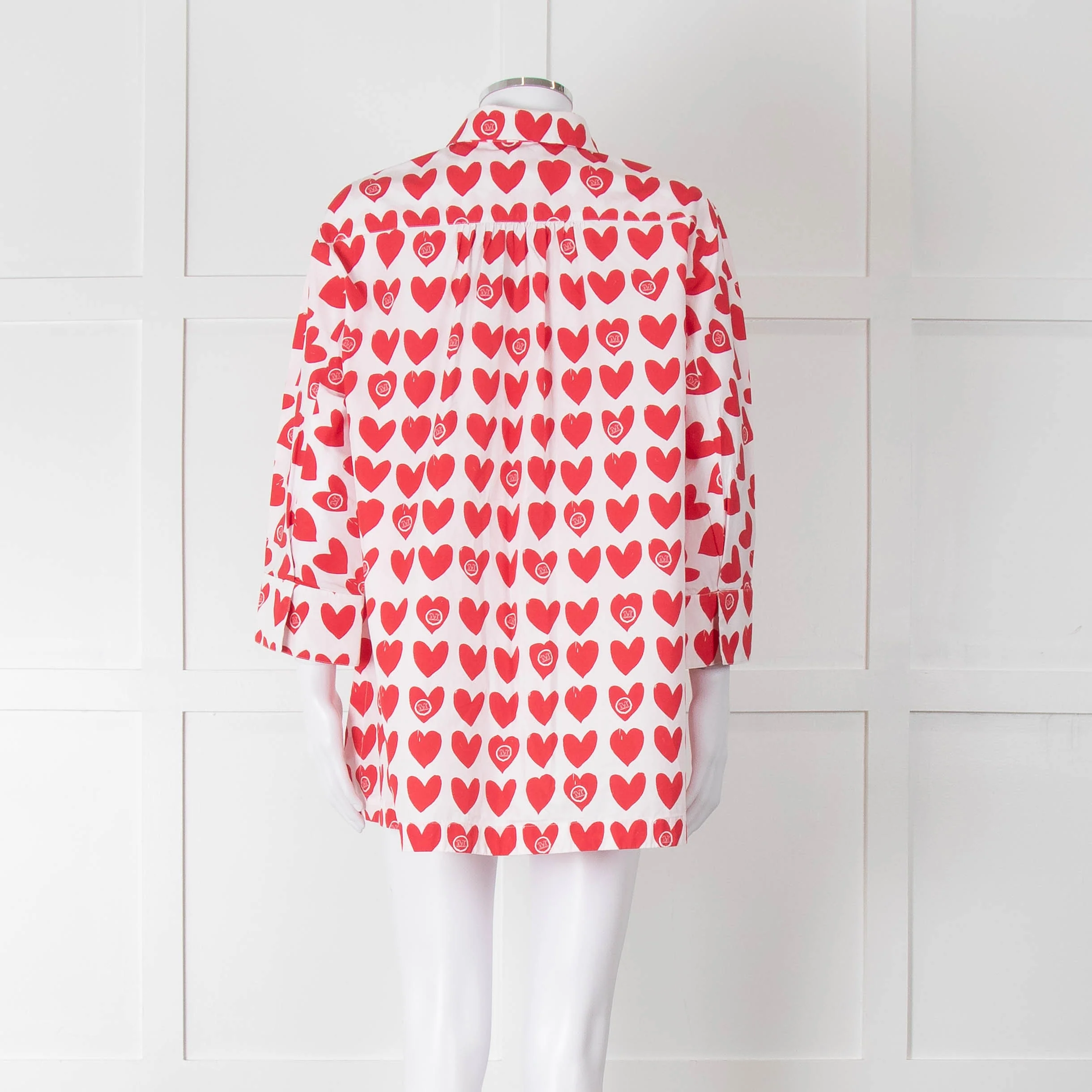 Max Mara White Red Heart Print Cotton Oversized Shirt - Image 5