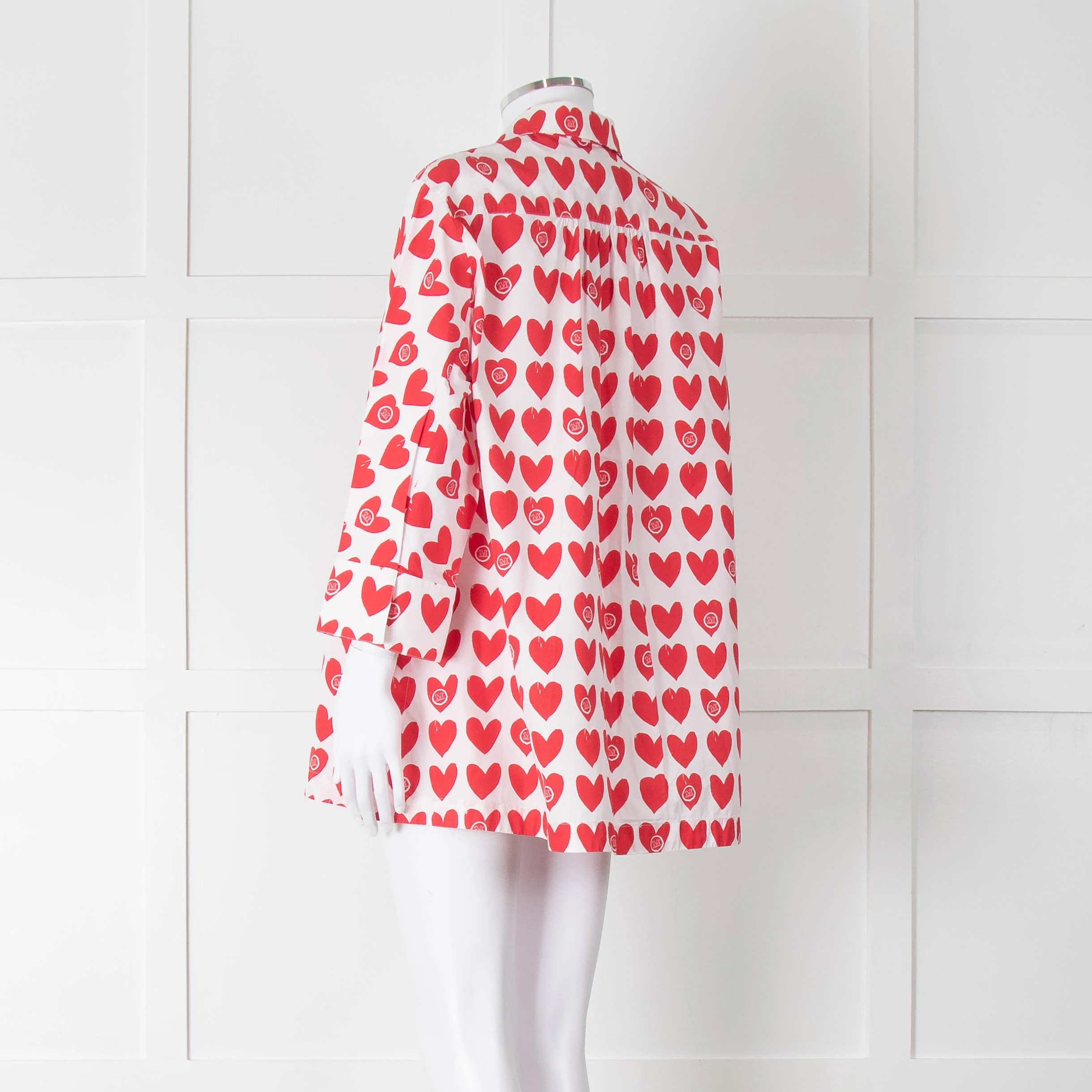 Max Mara White Red Heart Print Cotton Oversized Shirt - Image 6