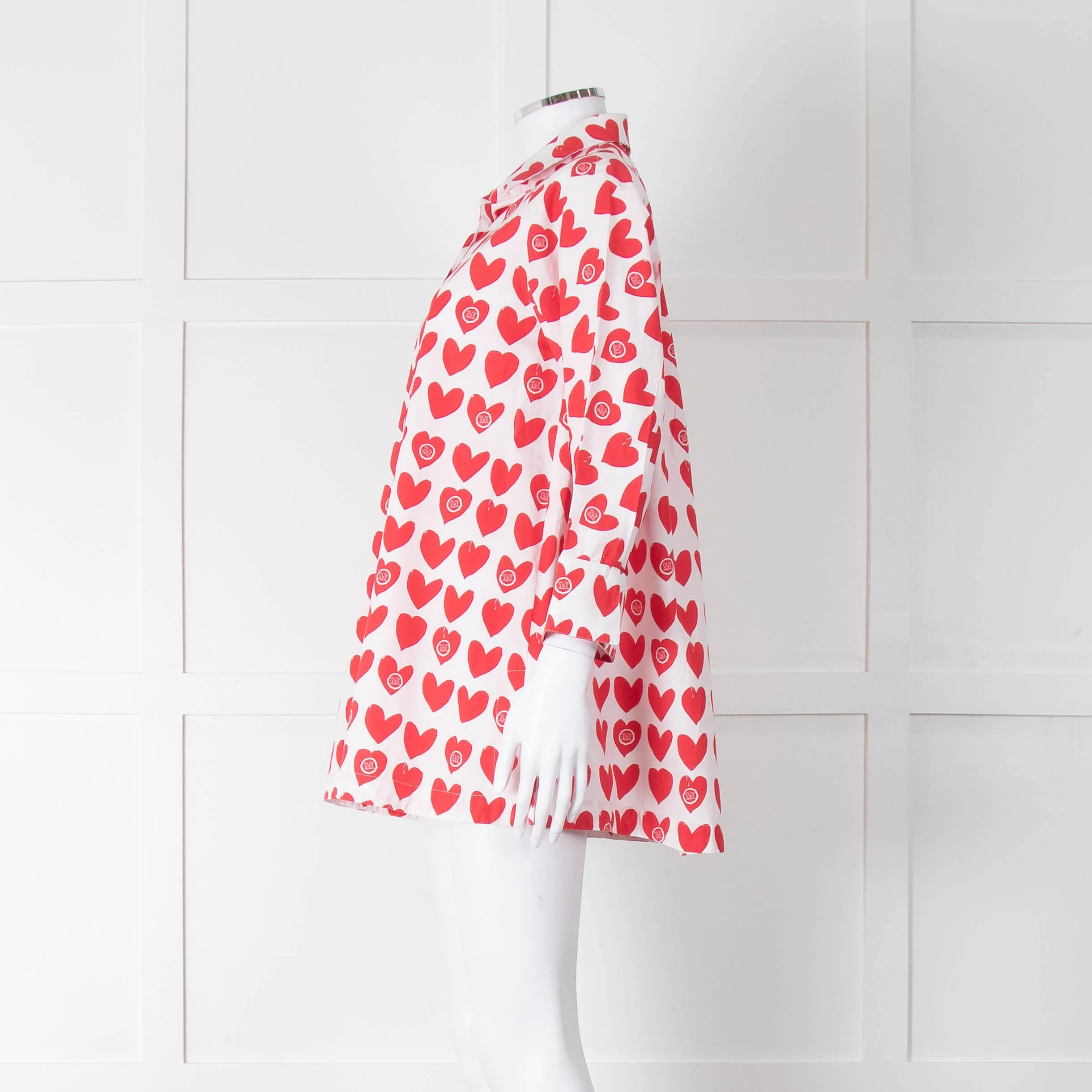 Max Mara White Red Heart Print Cotton Oversized Shirt - Image 7