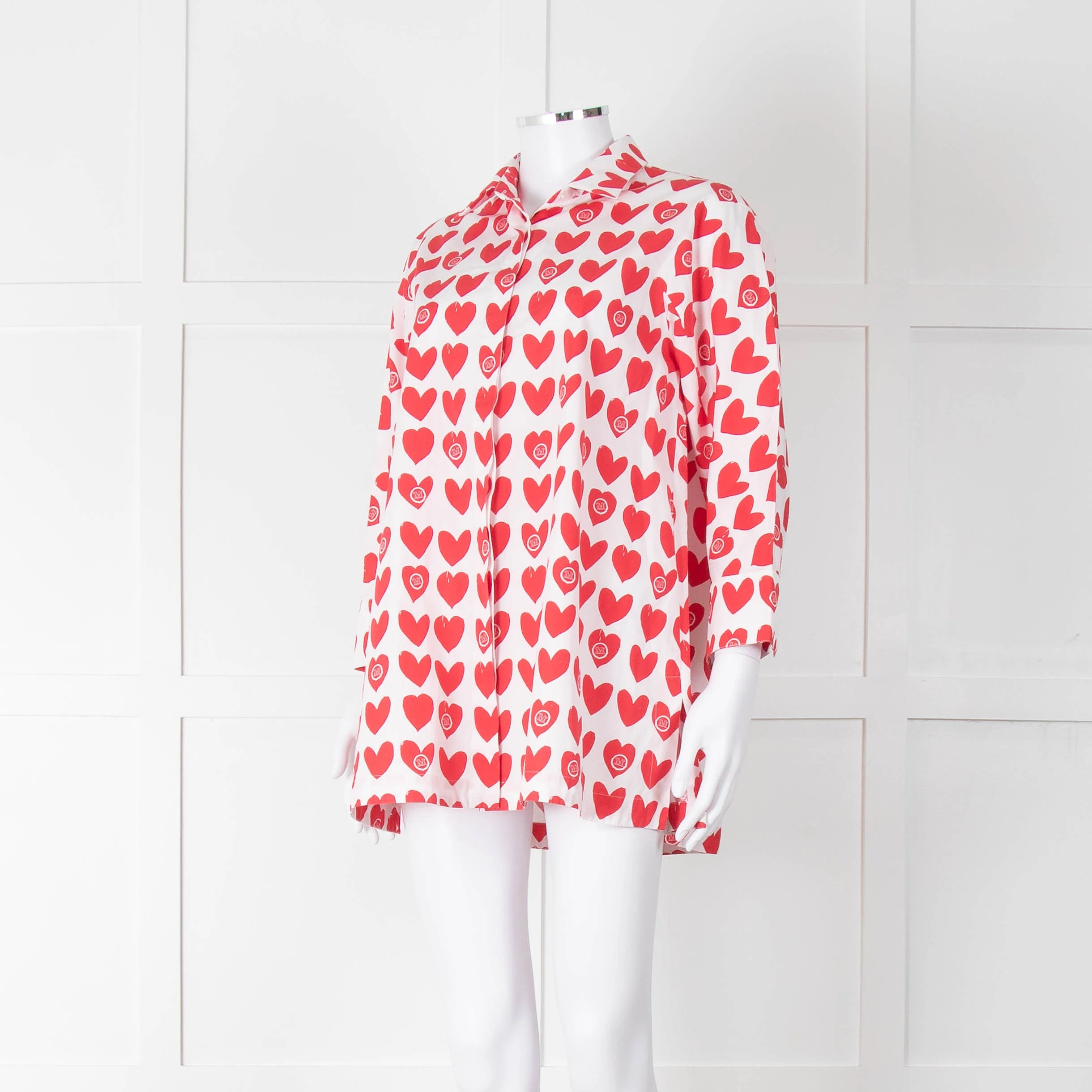 Max Mara White Red Heart Print Cotton Oversized Shirt - Image 8