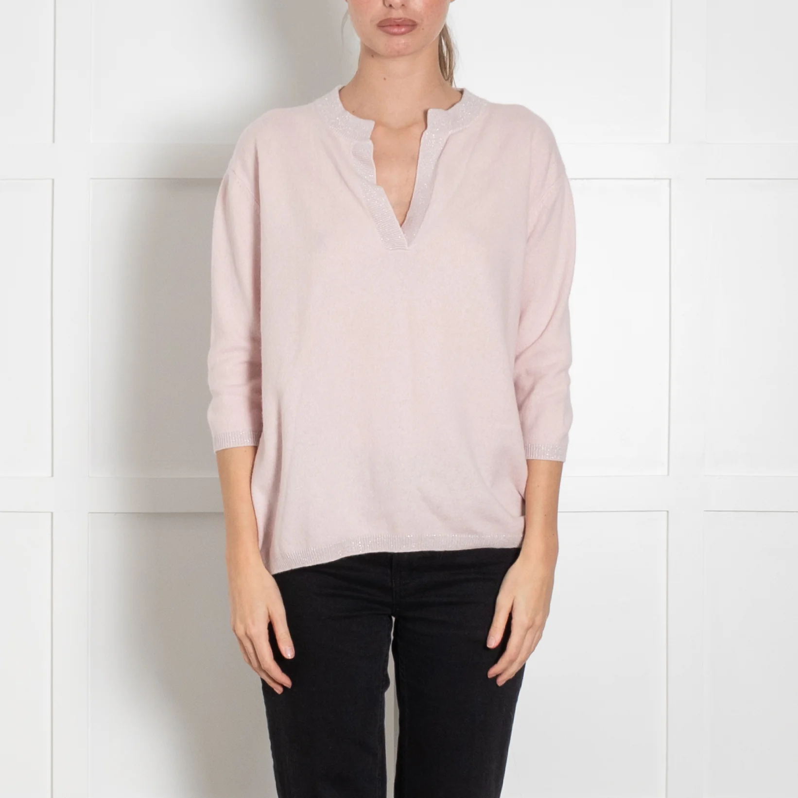 Max & Moi Pale Pink Shimmer Trim Cashmere Blend 3/4 Sleeve Sweater - Image 2