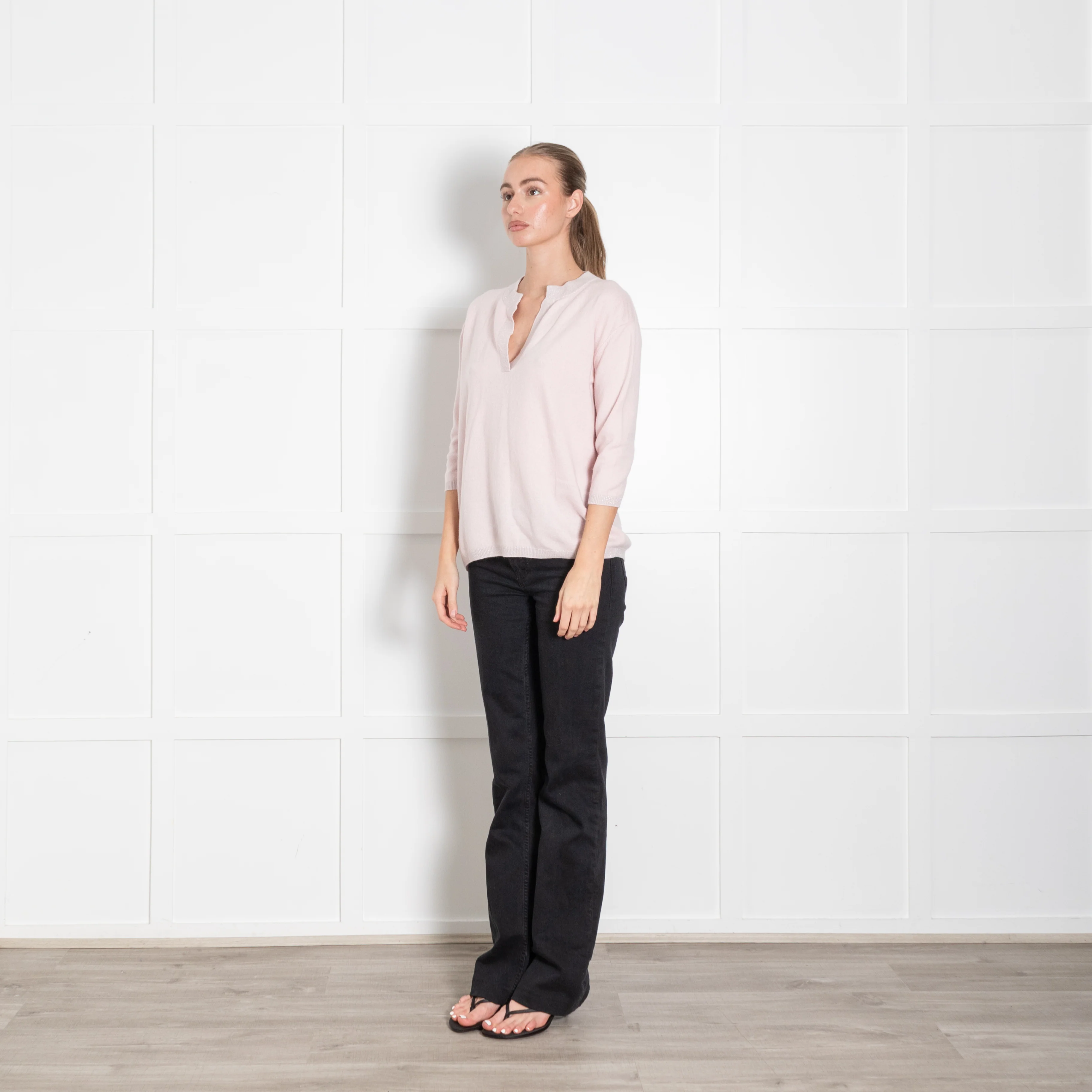 Max & Moi Pale Pink Shimmer Trim Cashmere Blend 3/4 Sleeve Sweater - Image 3