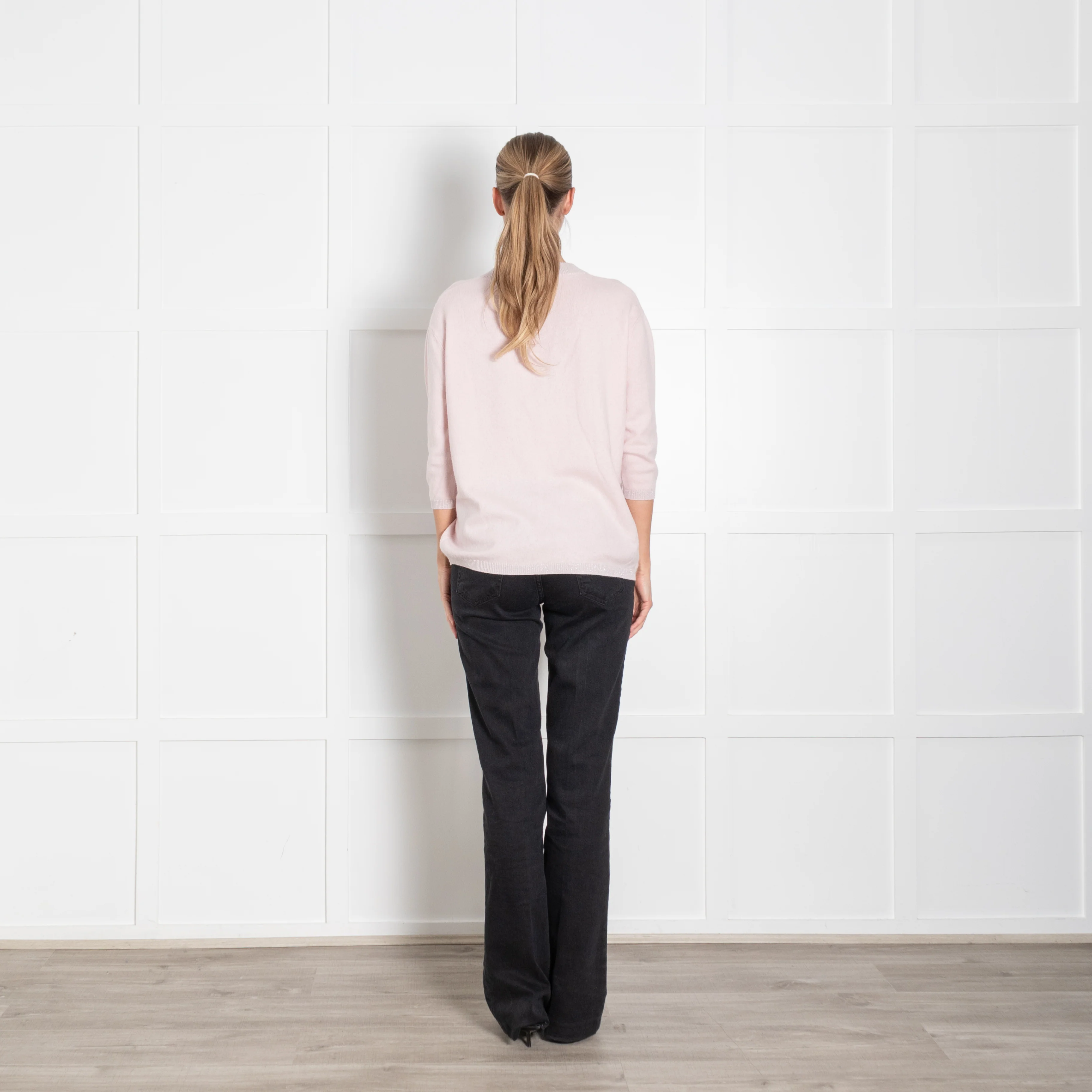 Max & Moi Pale Pink Shimmer Trim Cashmere Blend 3/4 Sleeve Sweater - Image 5