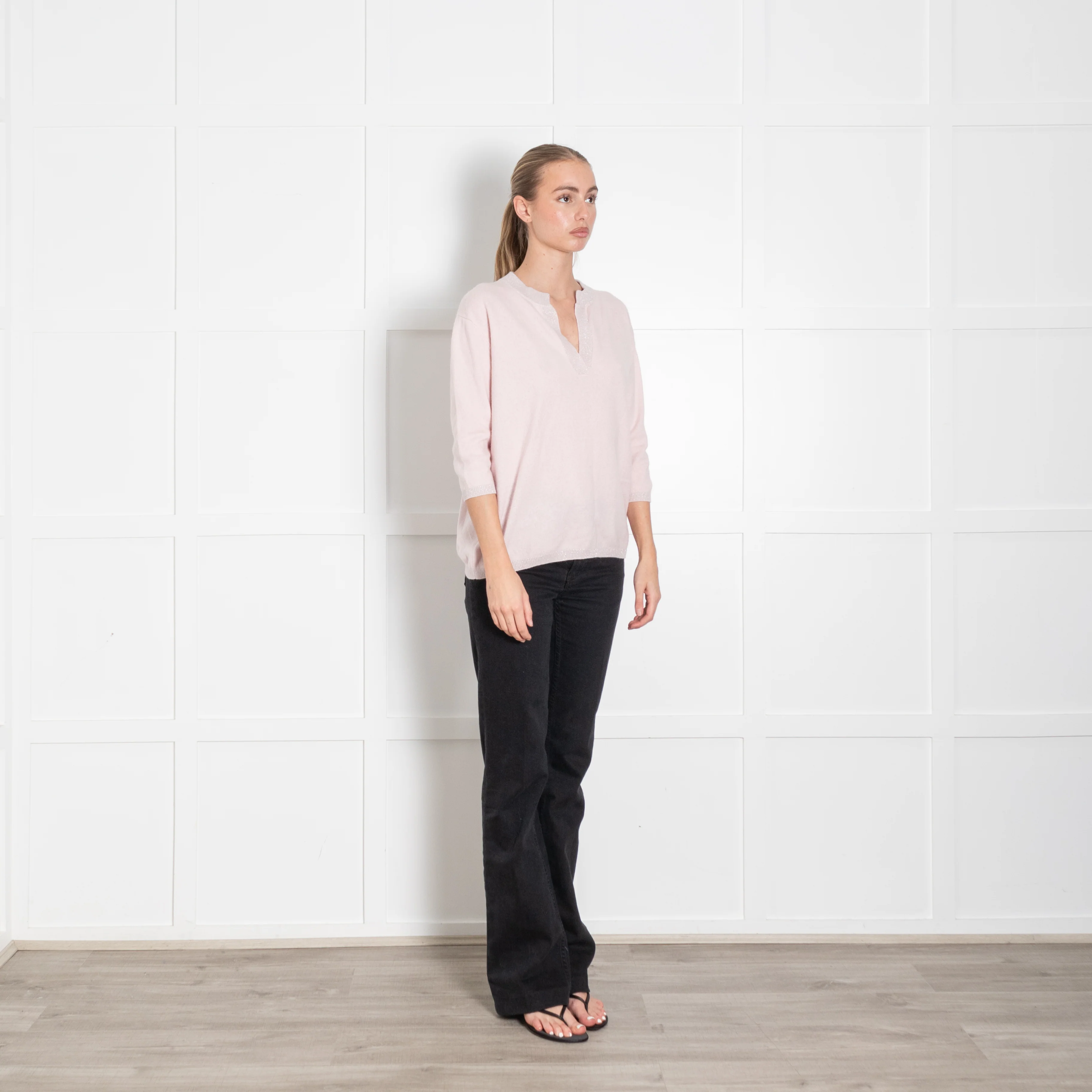 Max & Moi Pale Pink Shimmer Trim Cashmere Blend 3/4 Sleeve Sweater - Image 7