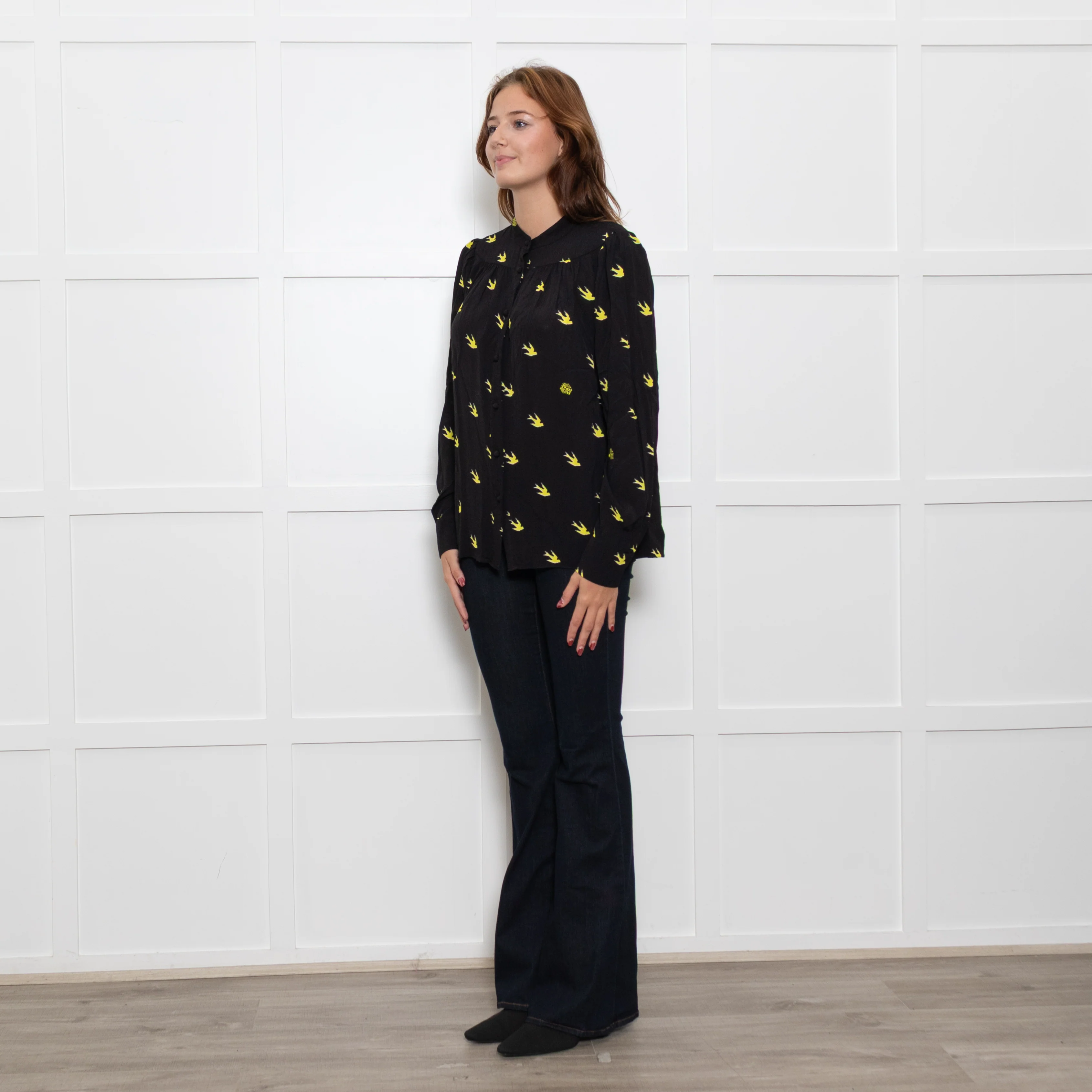McQ Black And Yellow Swallows Print Blouse - Image 3