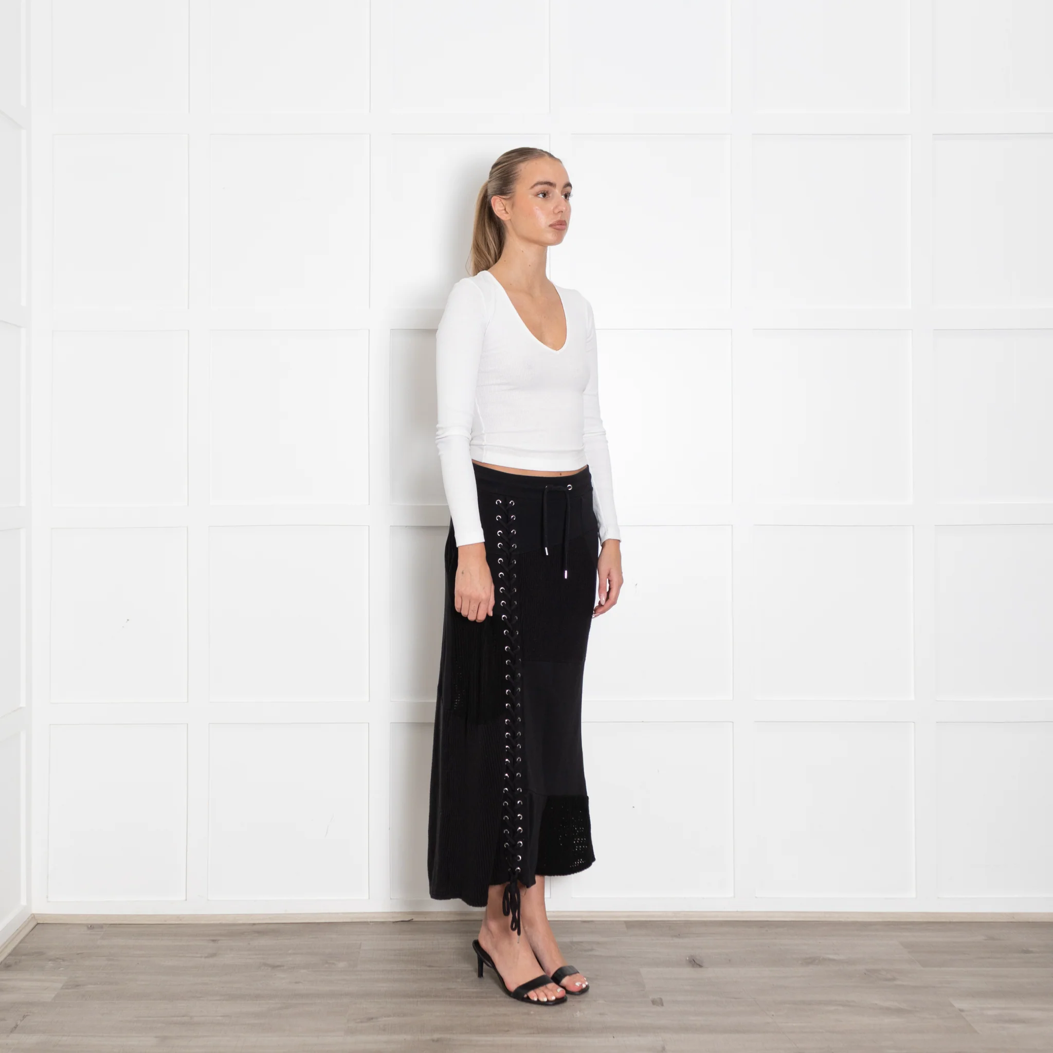 MCQ Black Knitted+String Detail Cotton Skirt - Image 7
