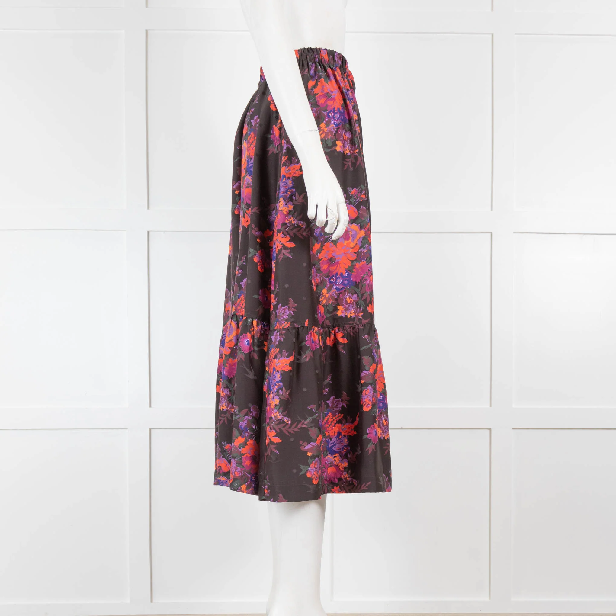 MCQ Black Orange Floral Elasticated Waist Midi Skirt - Image 2