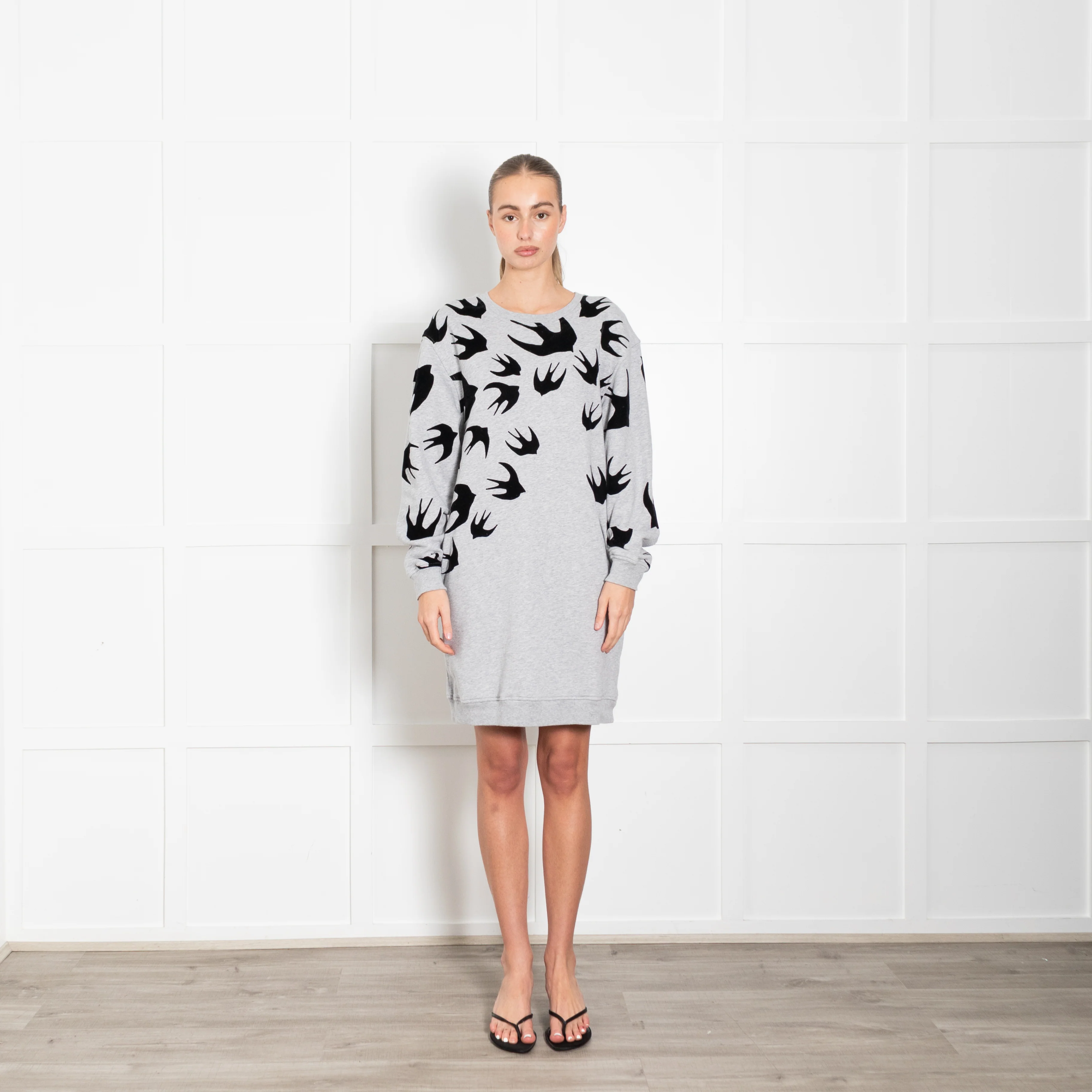 McQ Grey Sweatshirt Dress With Black Swallows