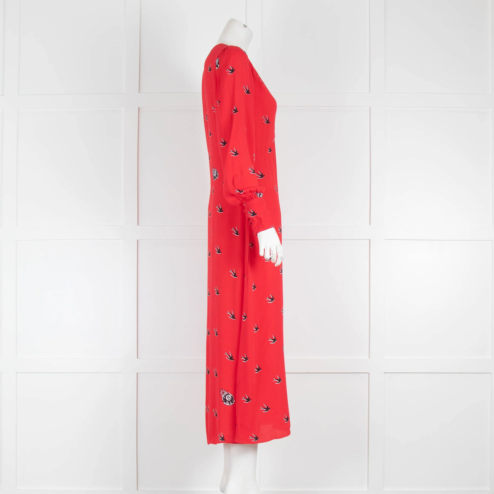 McQ Red Swallow Print Midi Dress - Image 2
