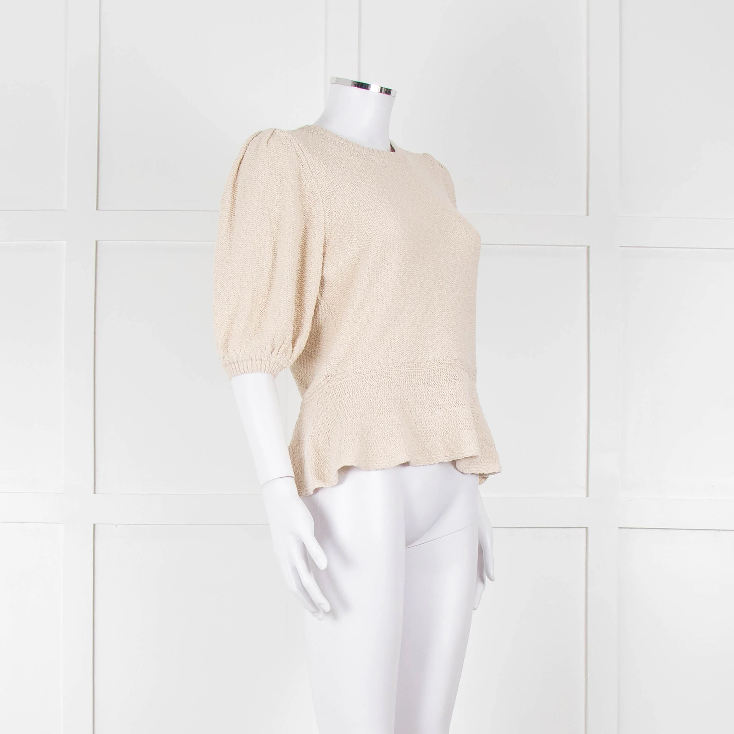 ME + EM Beige Cotton Linen Blend Puff Sleeve Knit Top - Image 2