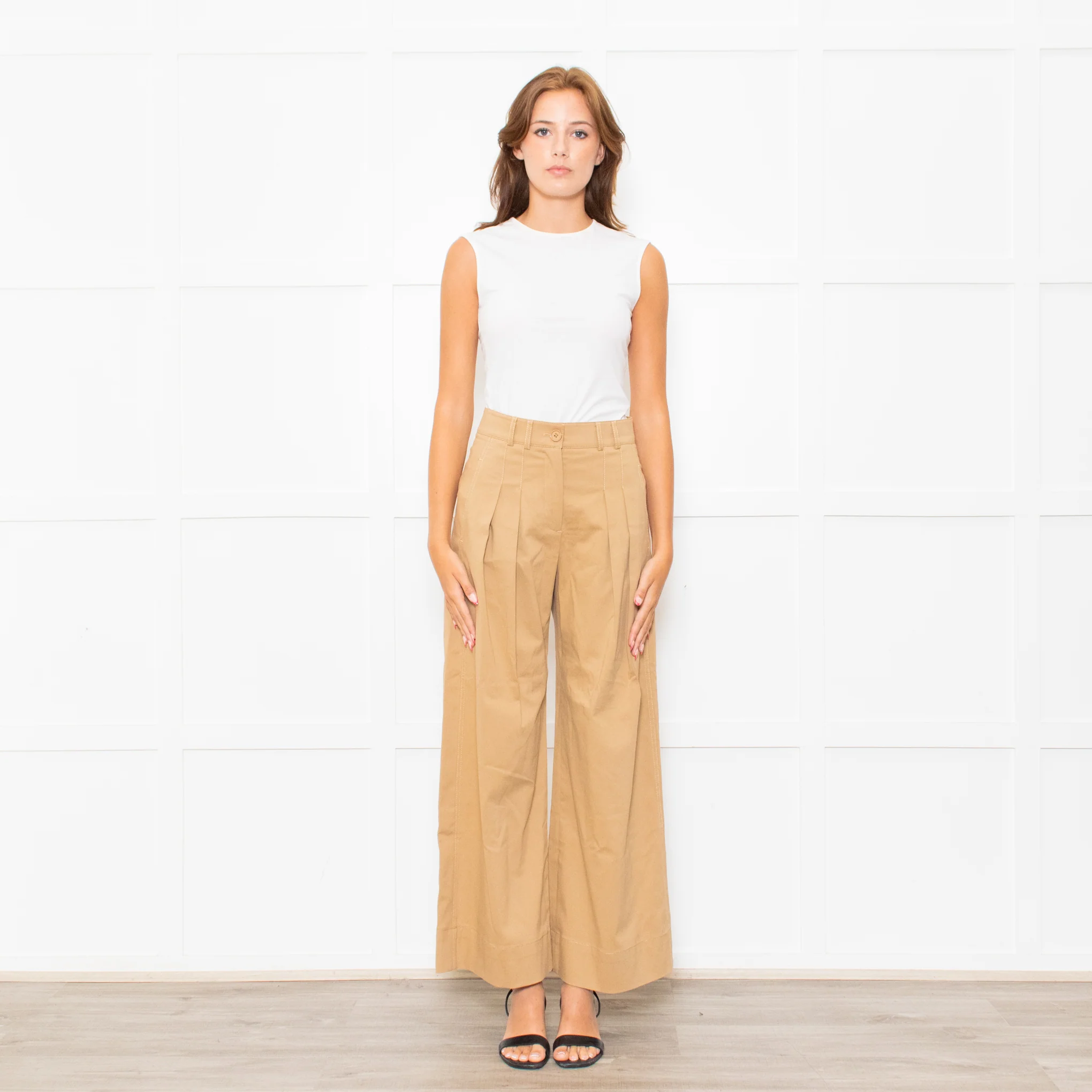 Me + Em Beige Front Pleats Wide Leg Trousers