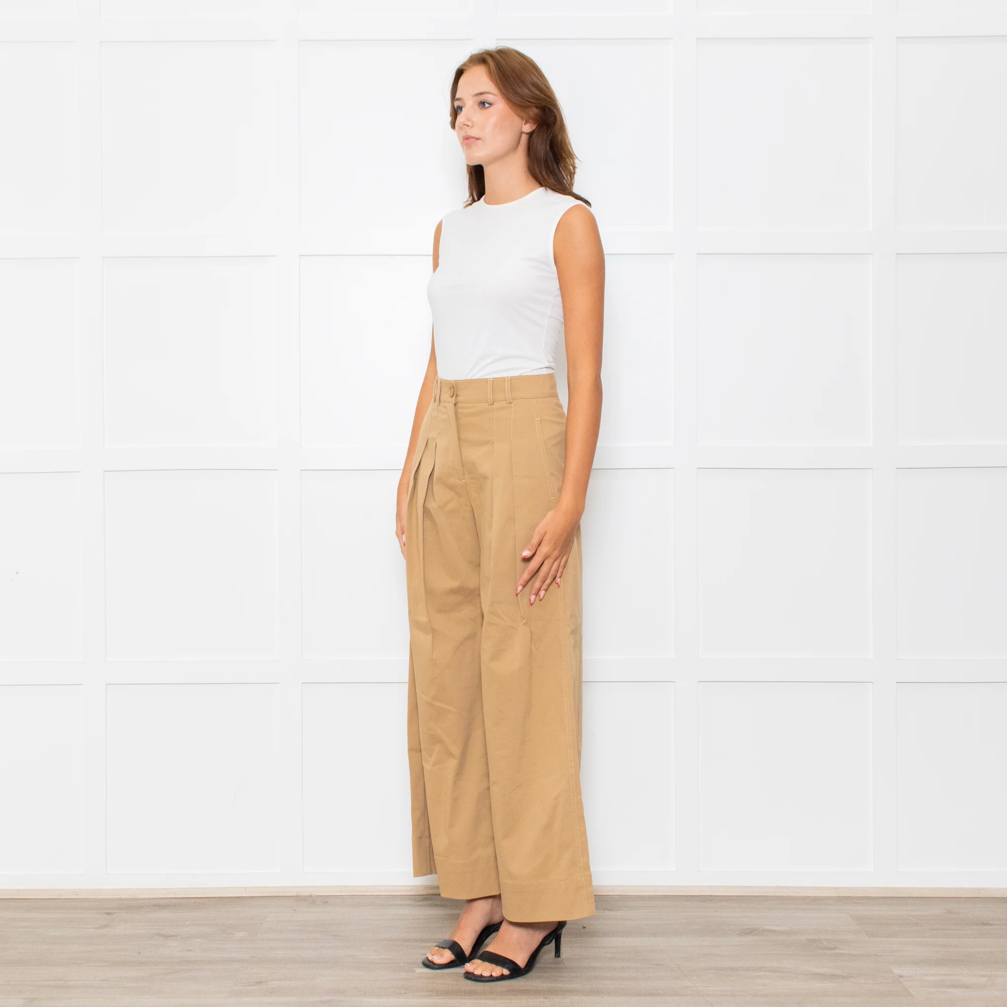Me + Em Beige Front Pleats Wide Leg Trousers - Image 3