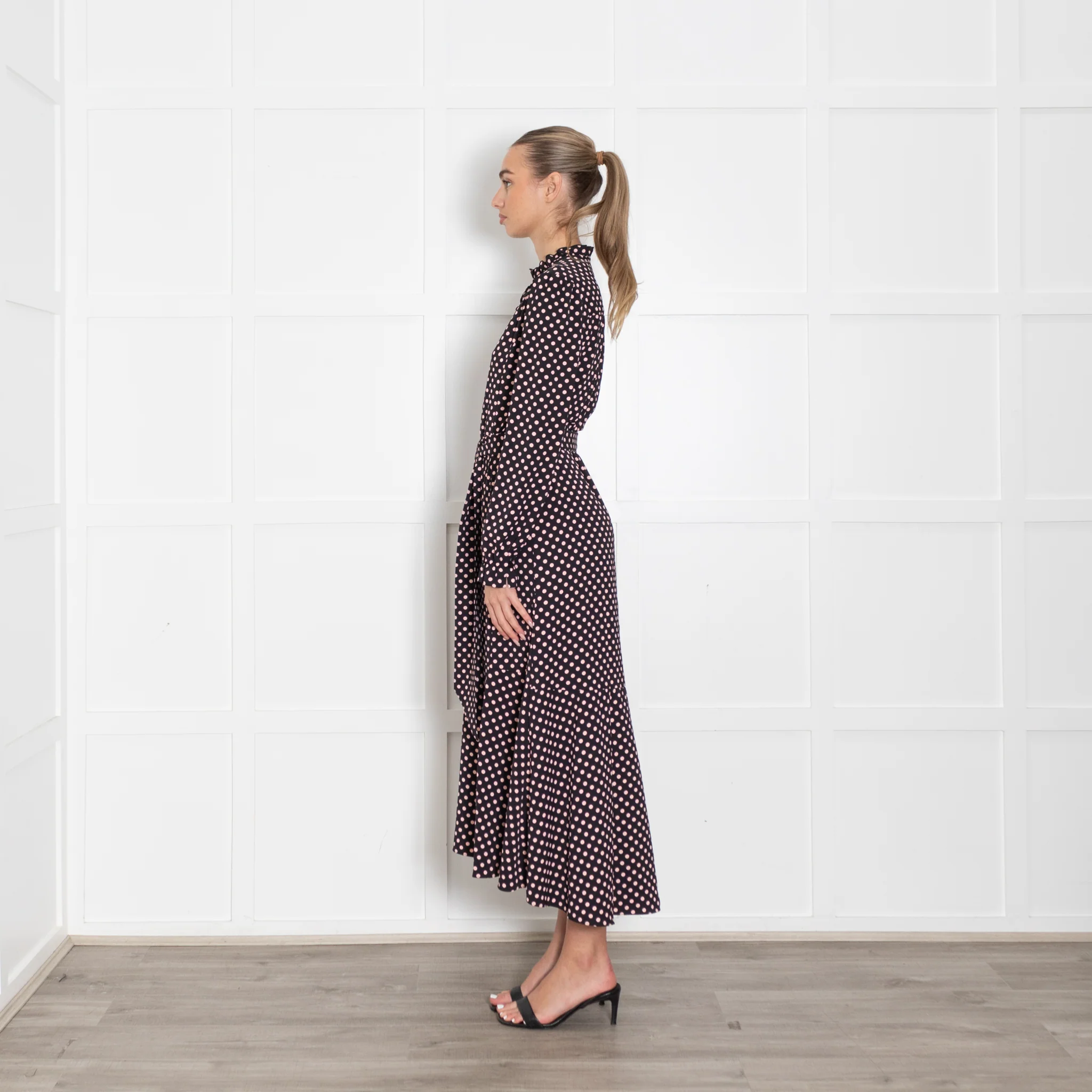 Me + Em Black And Pink Polka Dot Midi Dress With Ruffle Collar And Button Front - Image 8