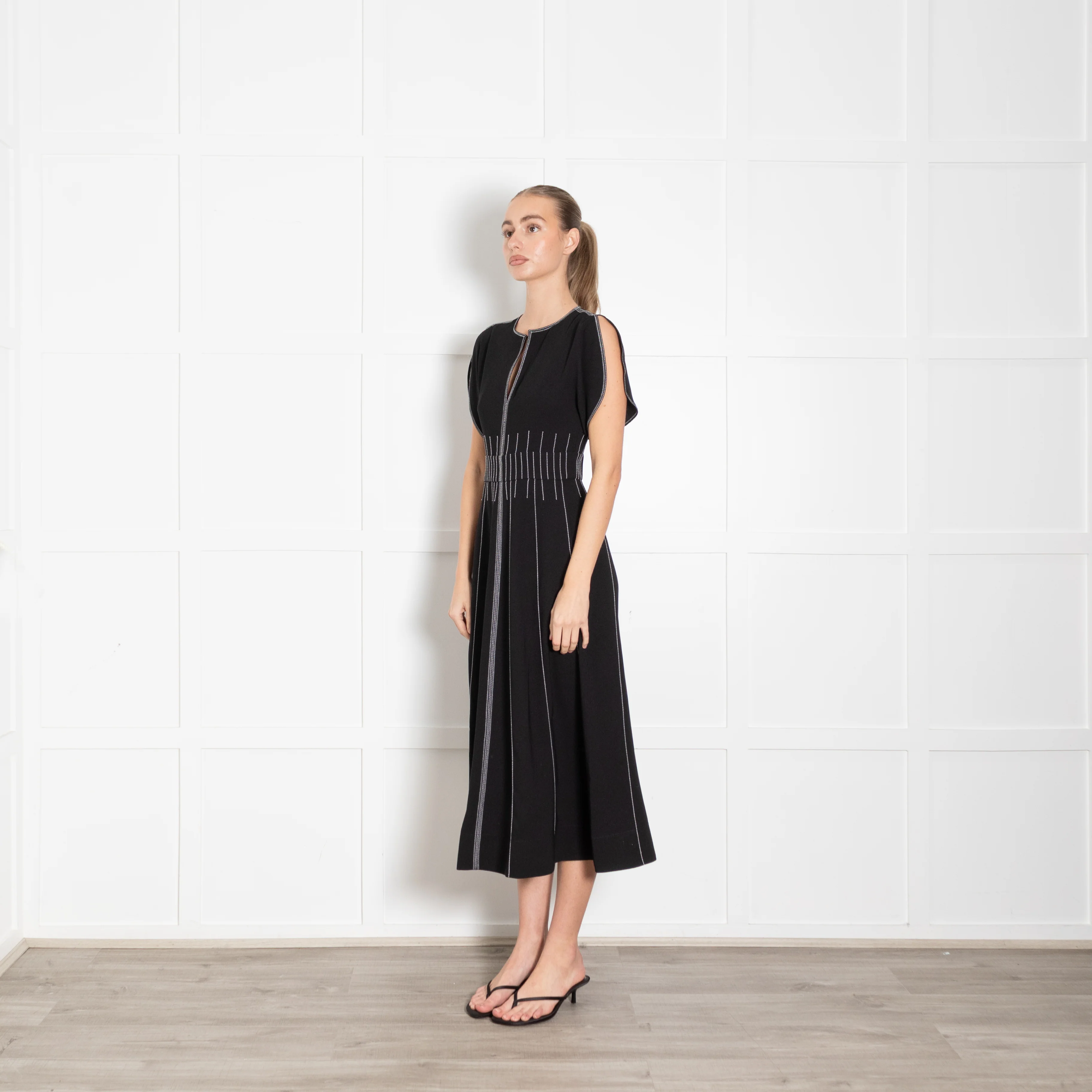 Me + Em Black Contrast Stitch Gathered Waist Midi Dress - Image 3