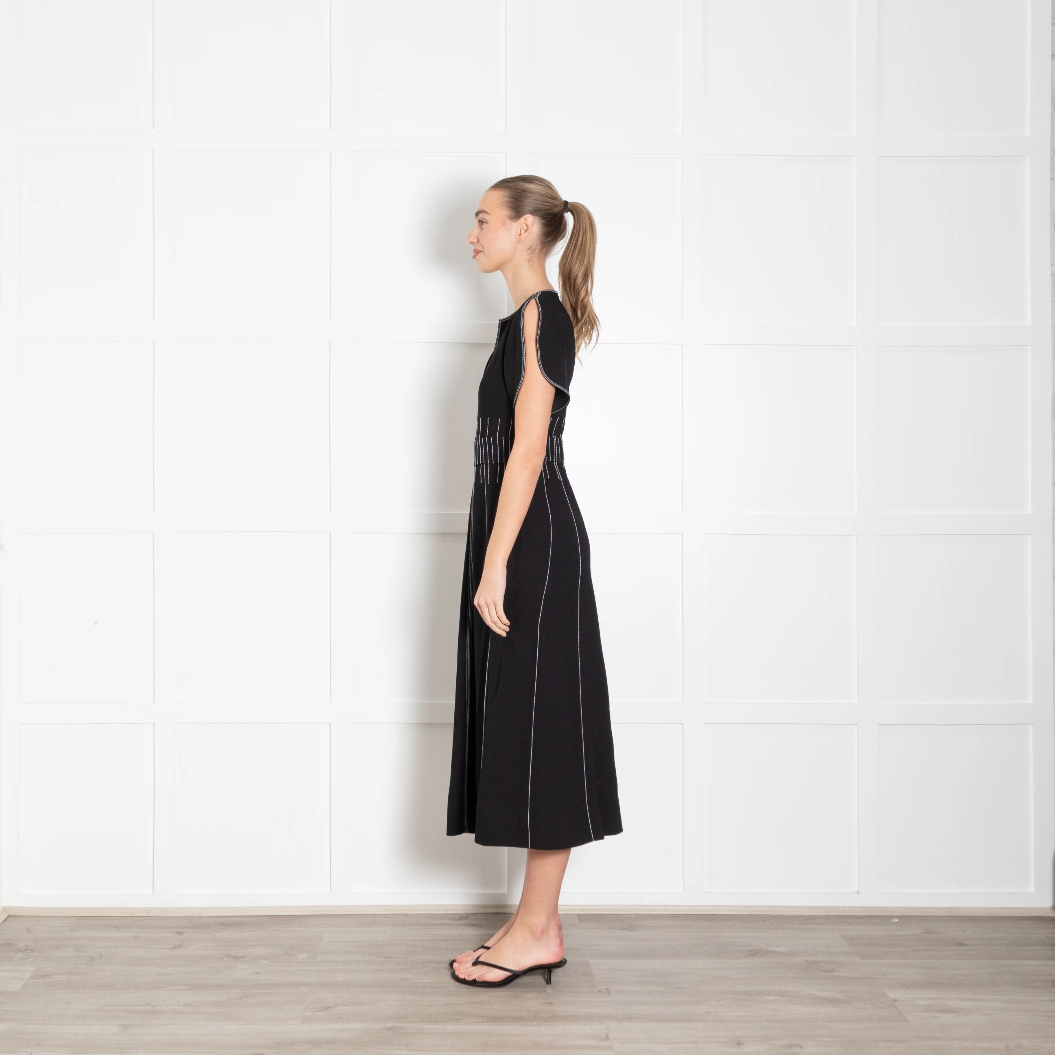 Me + Em Black Contrast Stitch Gathered Waist Midi Dress - Image 4