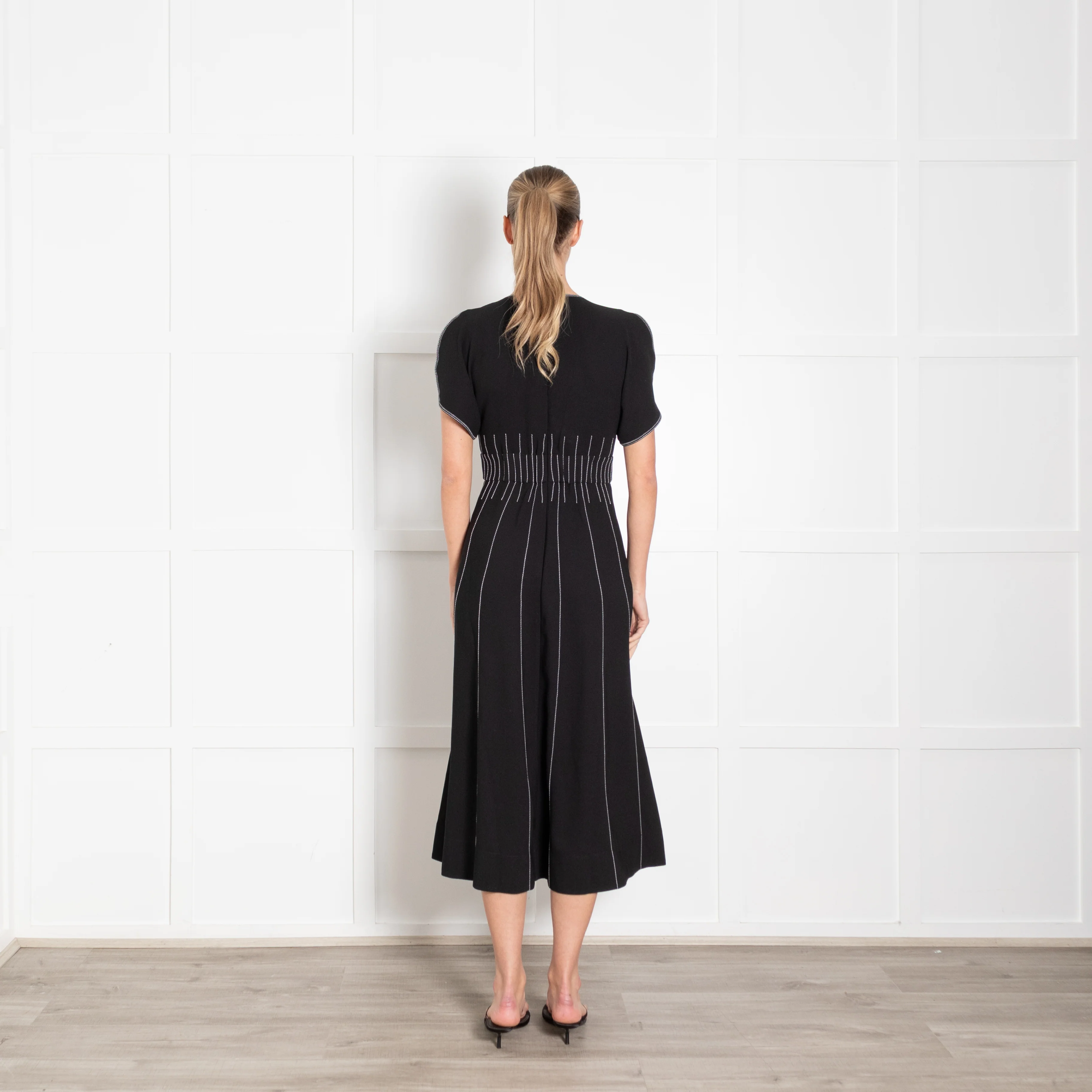 Me + Em Black Contrast Stitch Gathered Waist Midi Dress - Image 5