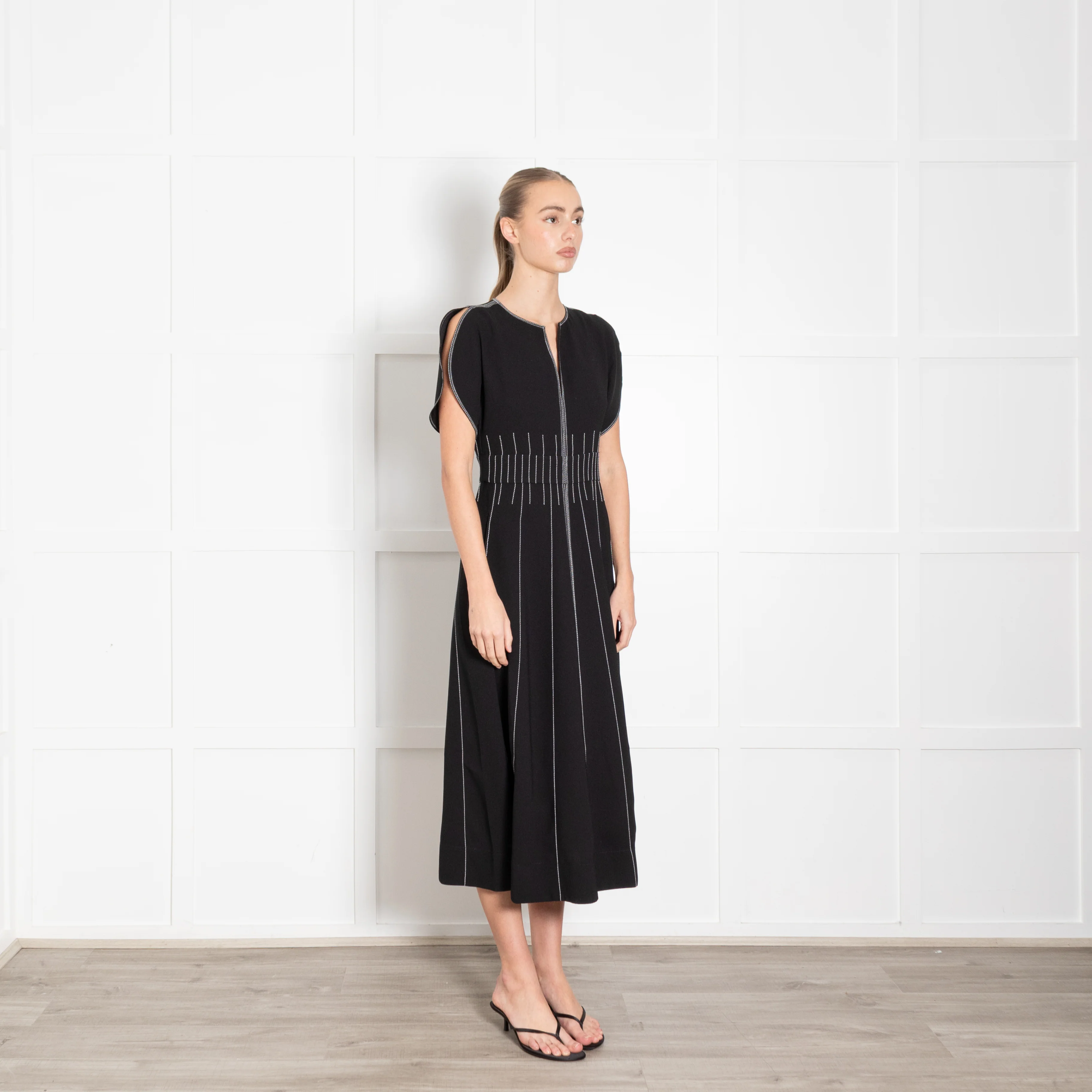 Me + Em Black Contrast Stitch Gathered Waist Midi Dress - Image 7