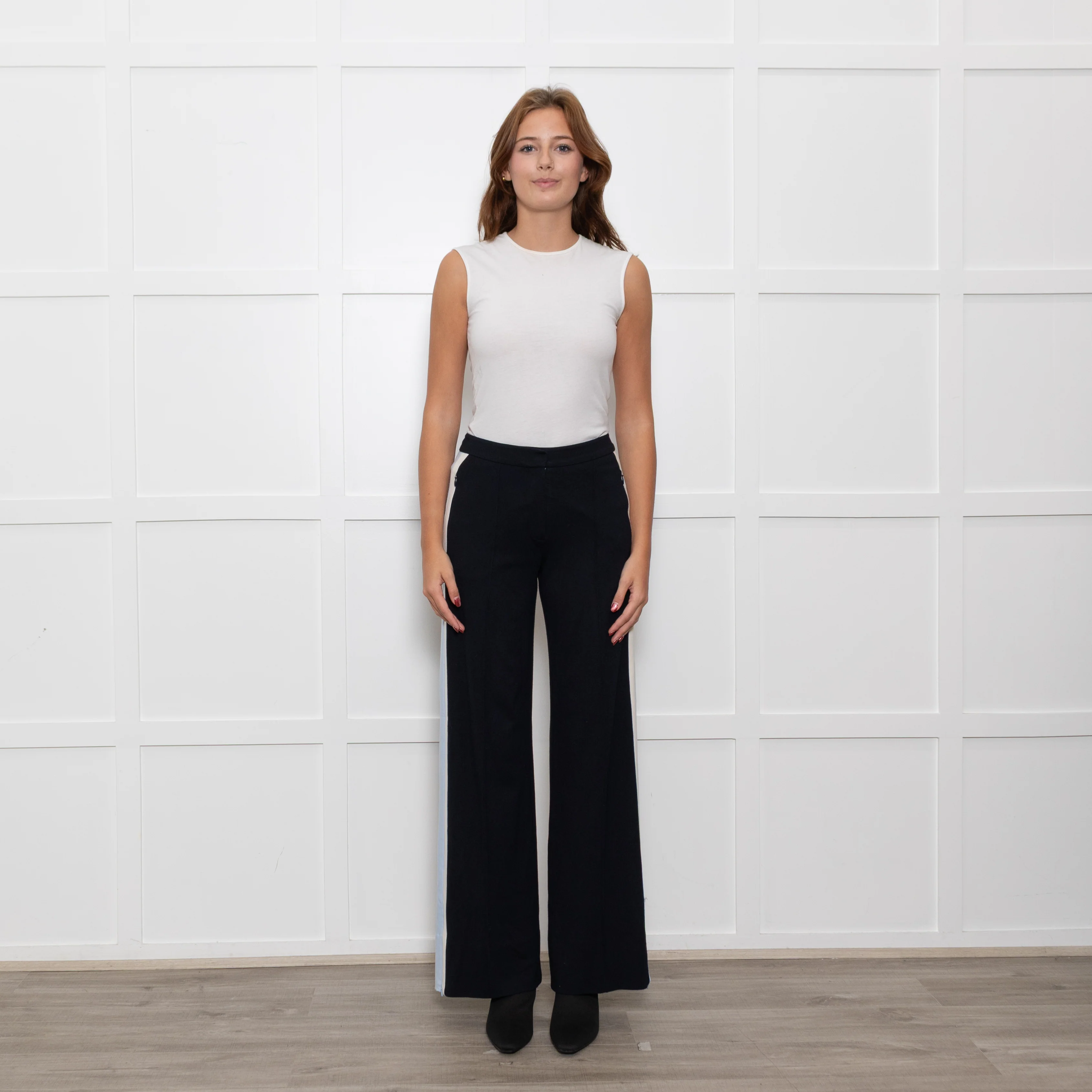 Me + Em Black Cream Blue Side Stripes Stretchy Trousers