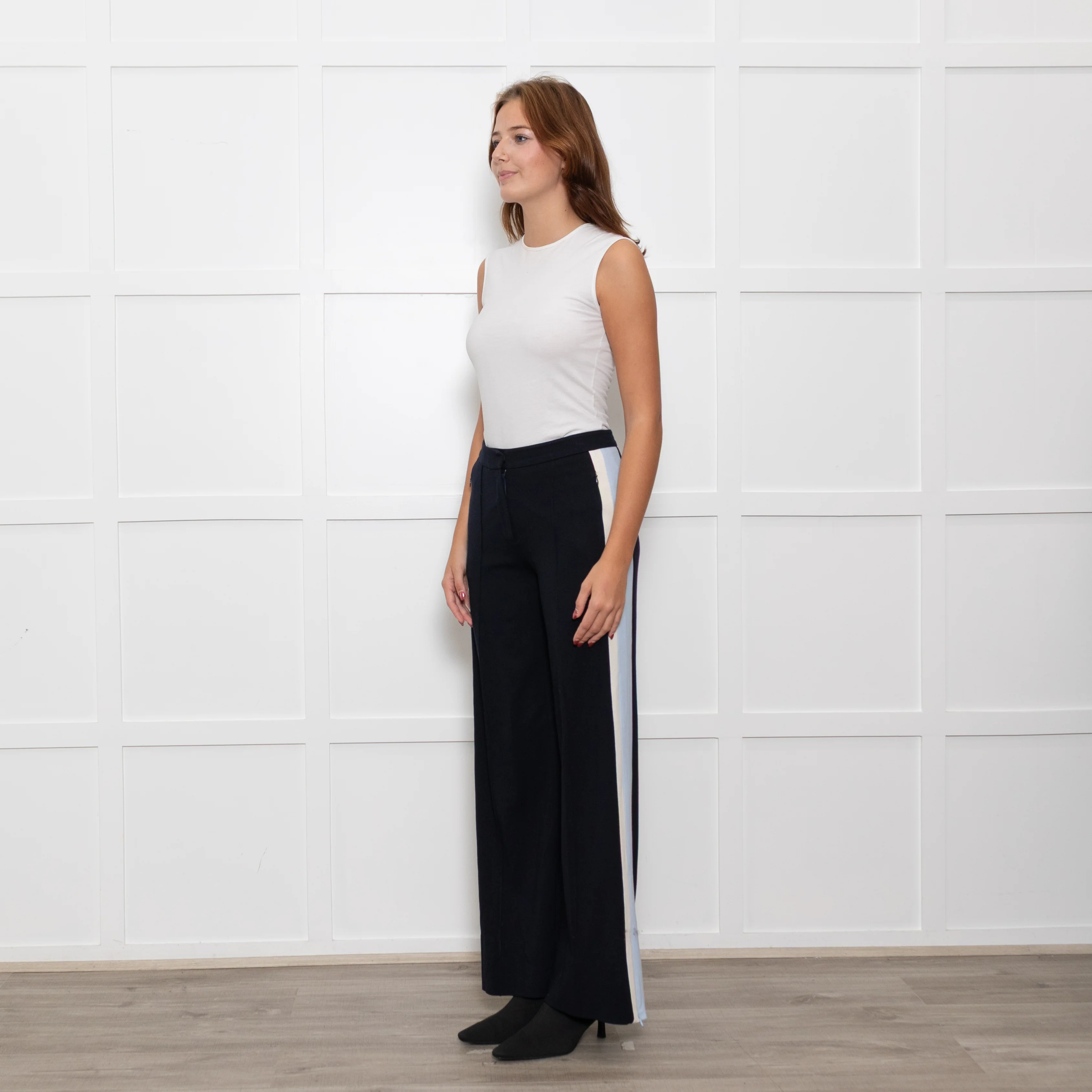 Me + Em Black Cream Blue Side Stripes Stretchy Trousers - Image 3