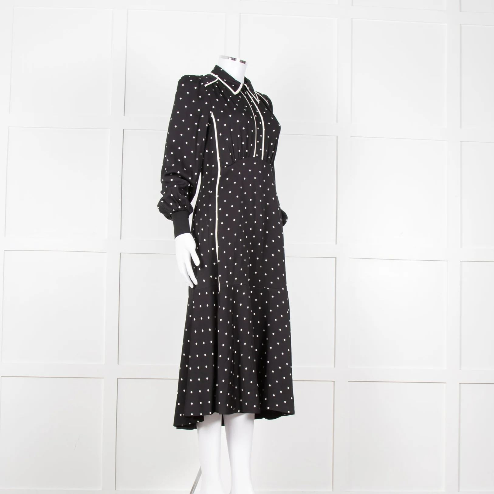 Me + Em Black Cream Polka Dot Long Sleeve Midi Dress - Image 2