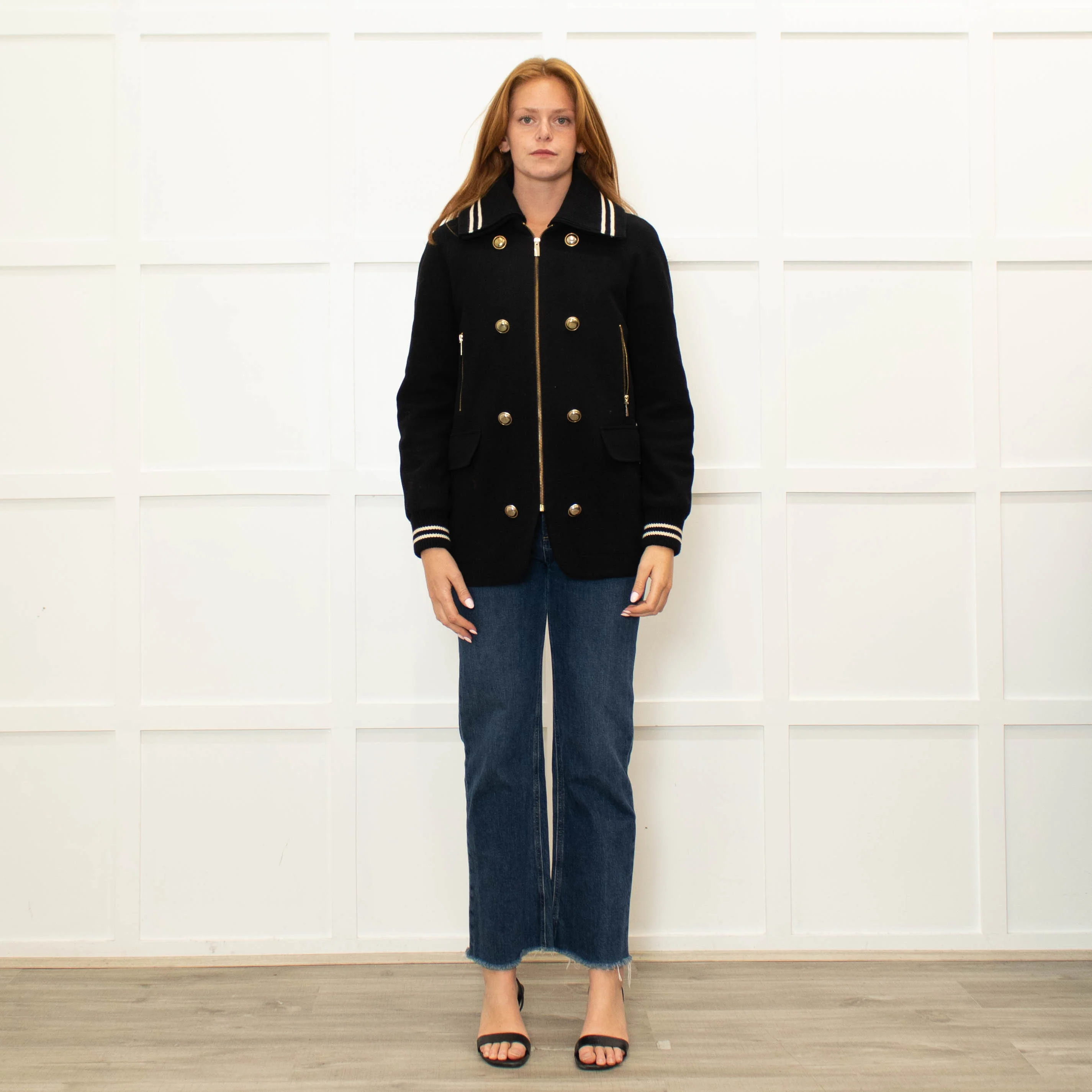 Me + Em Black Cream Trim Zip Up Long Jacket