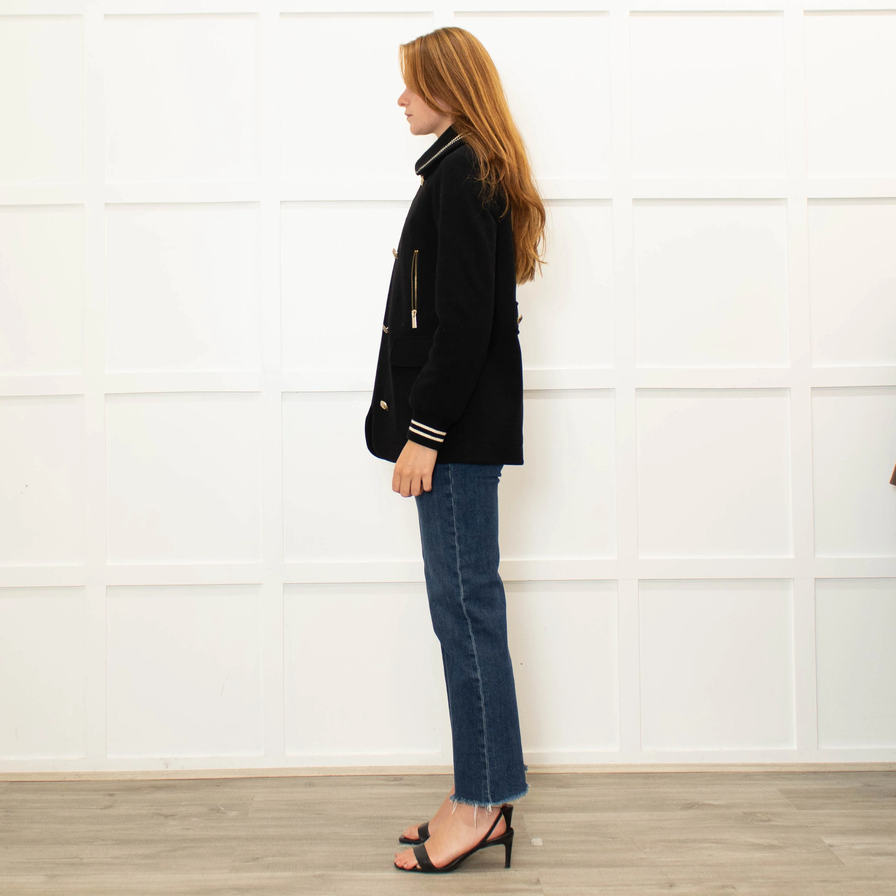 Me + Em Black Cream Trim Zip Up Long Jacket - Image 4