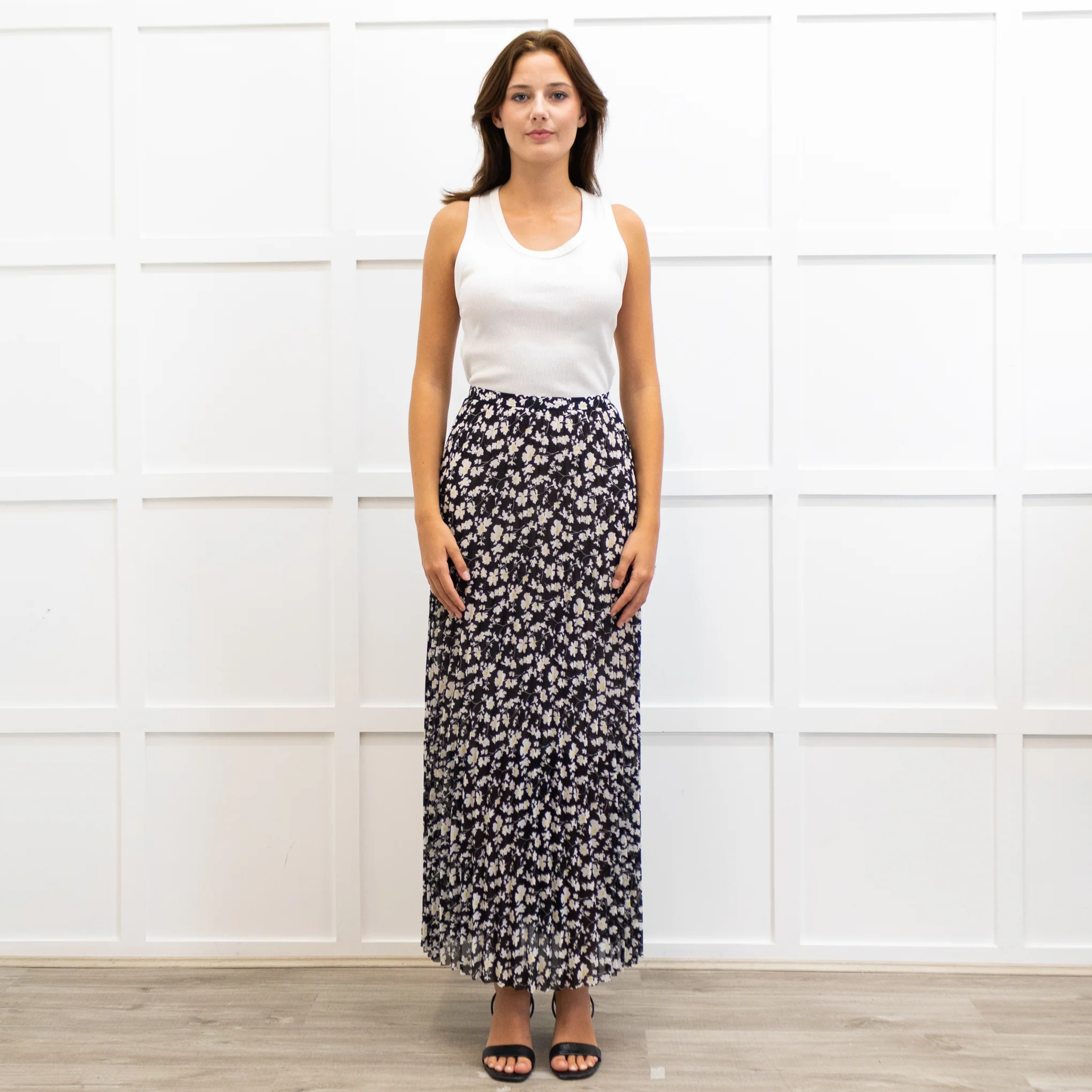 Me + Em Black Crepe Floral Pleated Maxi Skirt