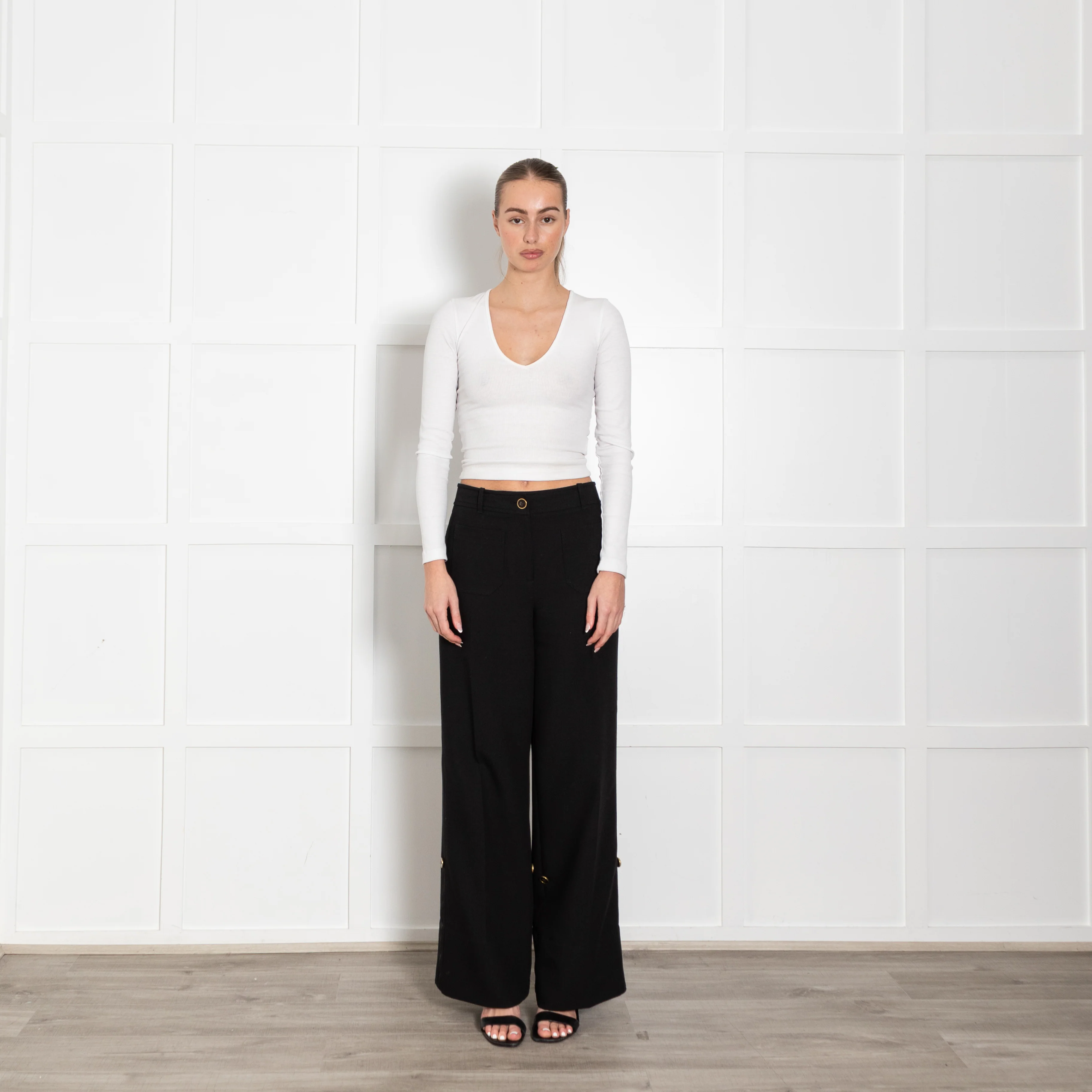 Me + Em Black Gold Button Optional Turn Up Wide Leg Trousers