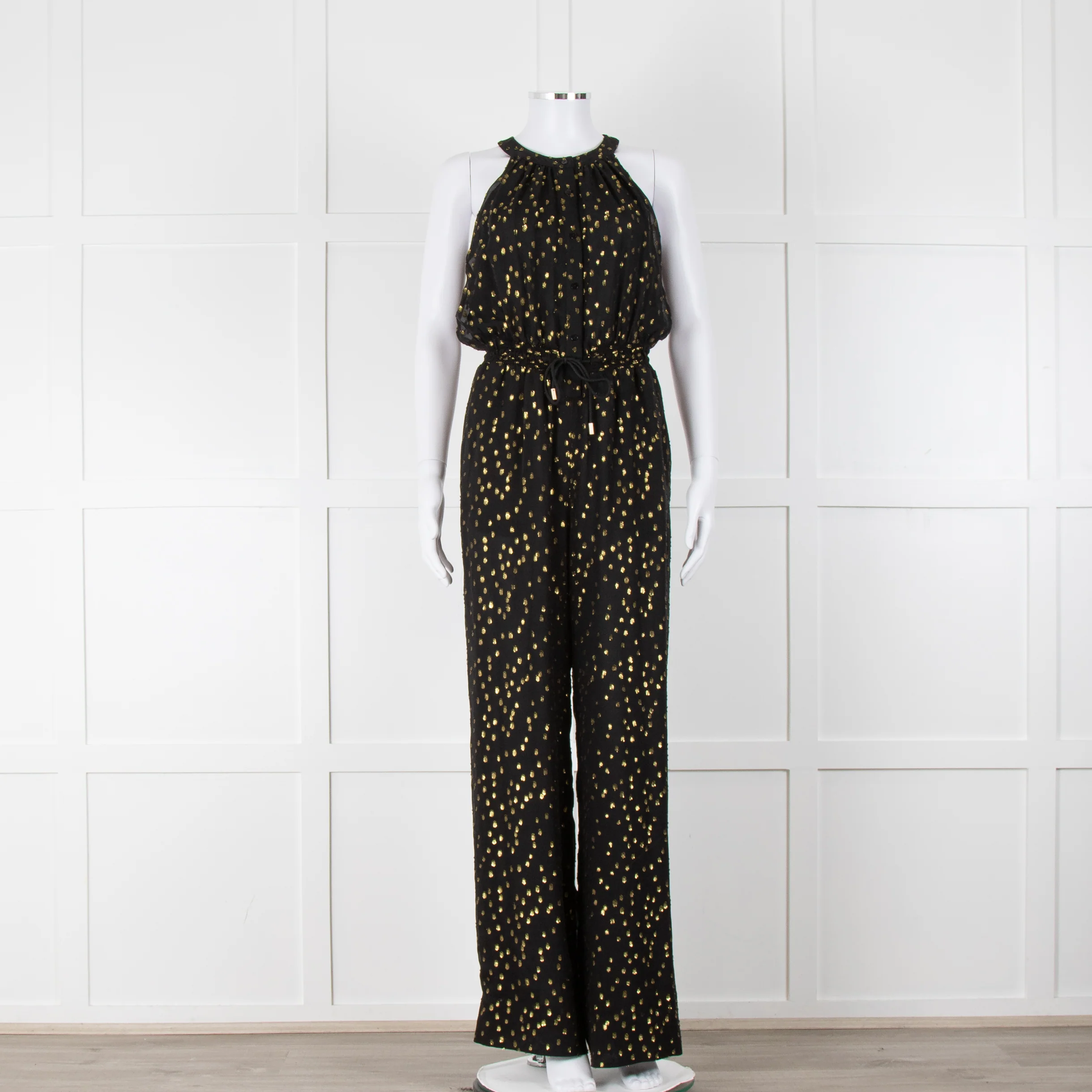 Me + Em Black Gold Lurex Sleeveless Drawstring Jumpsuit