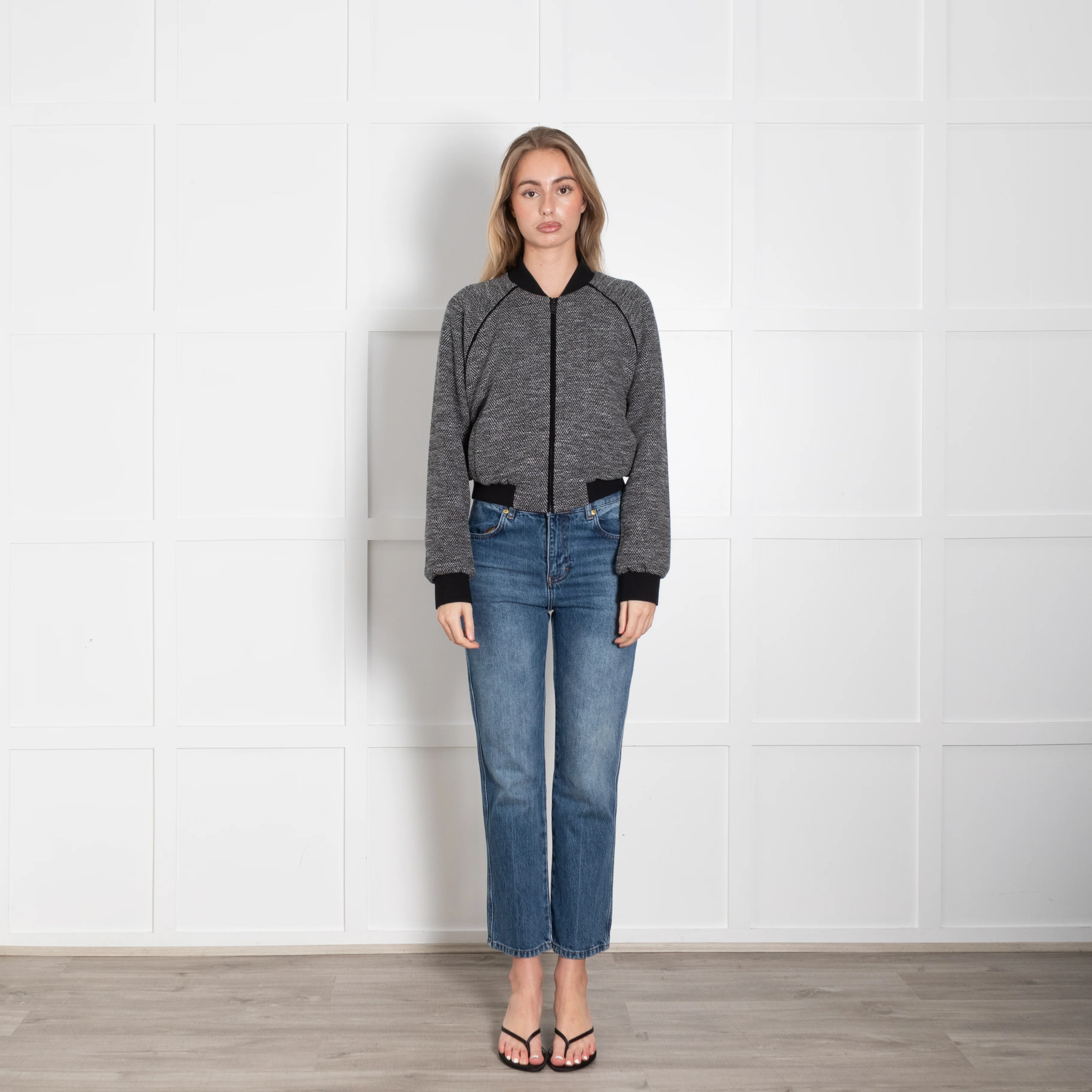 Me + Em Black & Grey Herringbone Jacquard Jersey Bomber