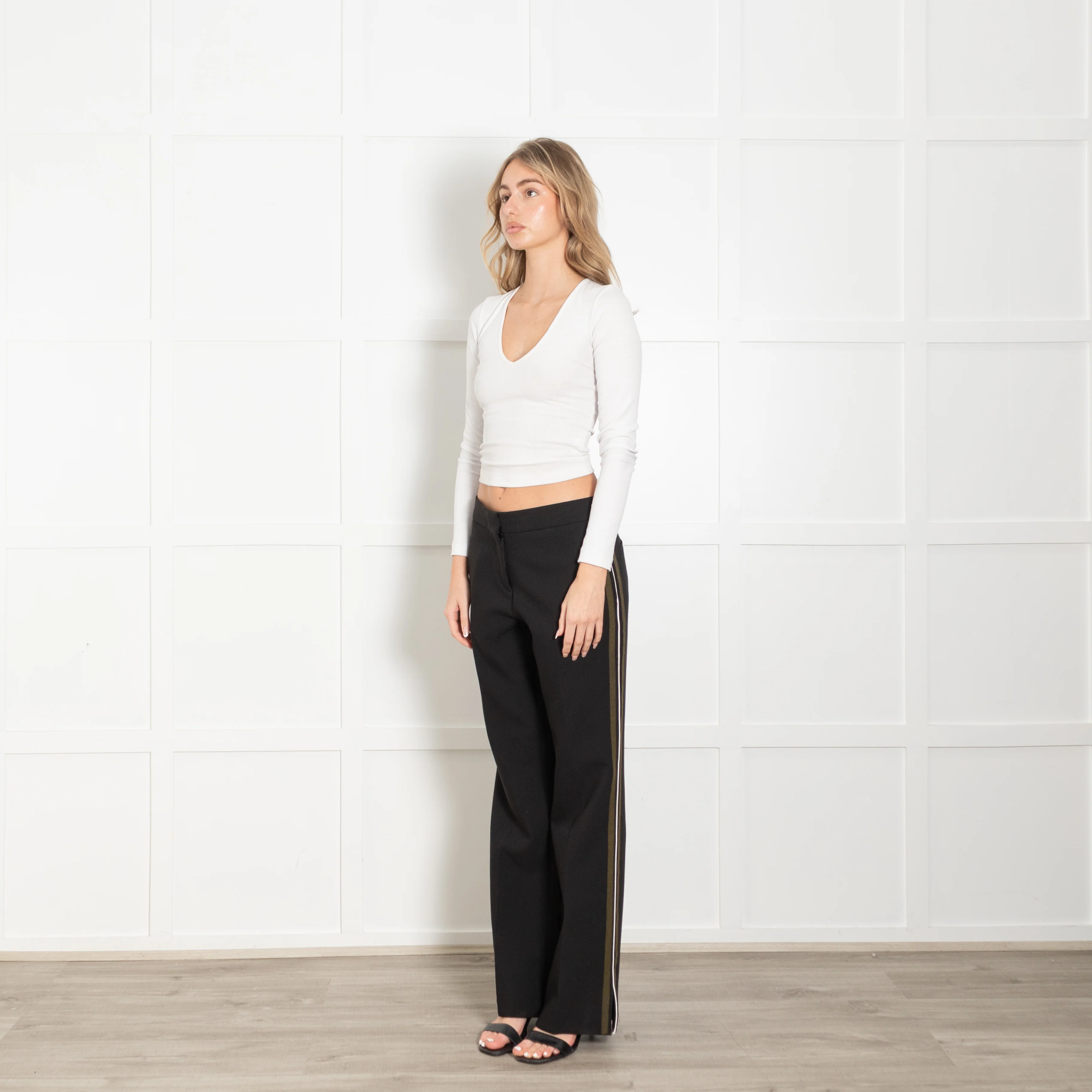 Me + Em Black Khaki Cream Side Stripe Wide Leg Trousers - Image 3