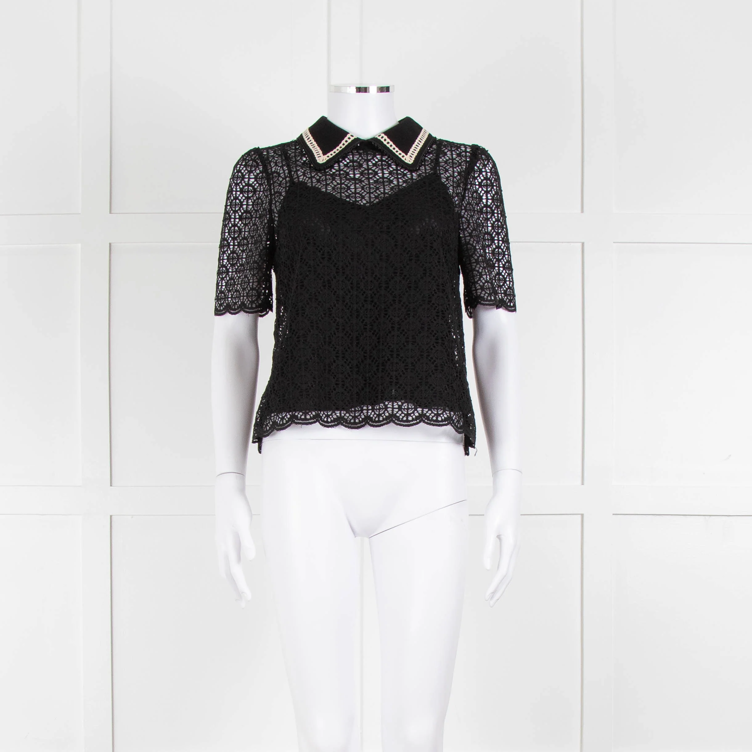 ME + EM Black Lace Bead Trim Collar Top With Vest