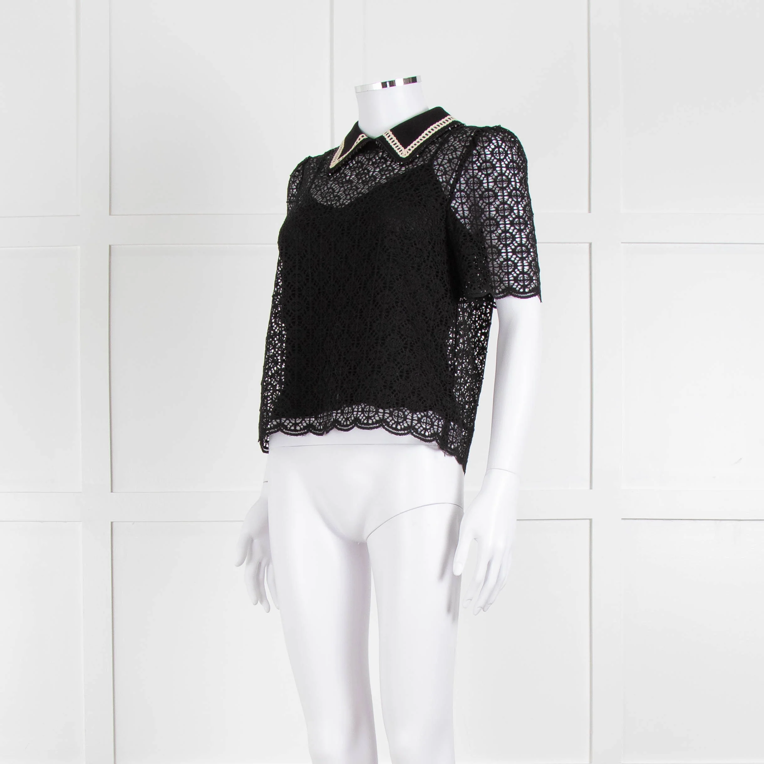 ME + EM Black Lace Bead Trim Collar Top With Vest - Image 8