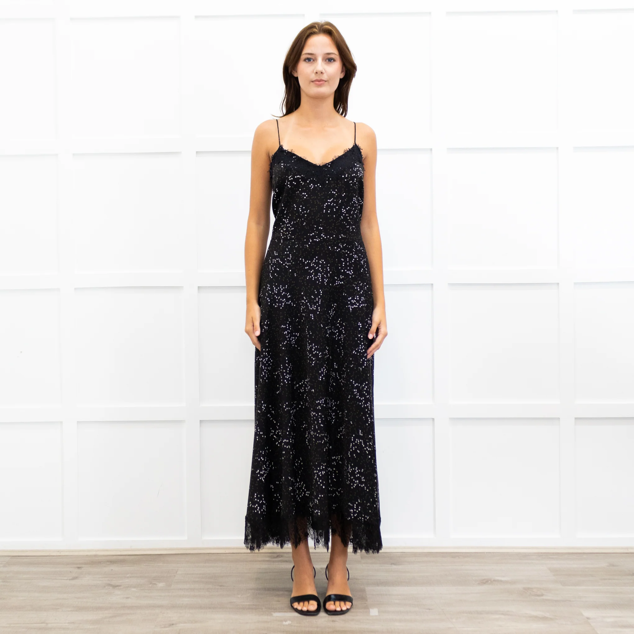 Me + Em Black Lace Trimmed Spotted Print Strappy Maxi Dress