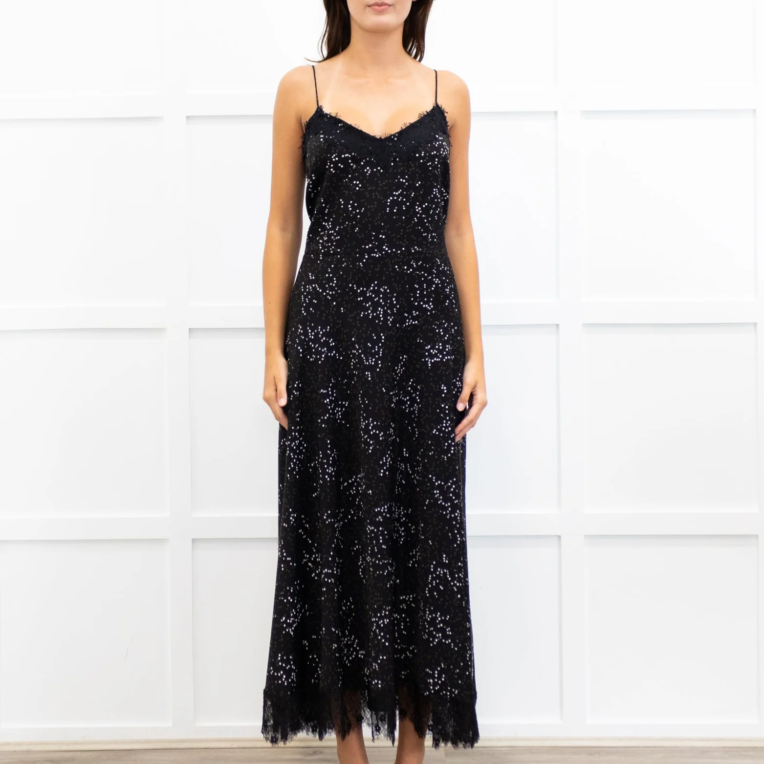 Me + Em Black Lace Trimmed Spotted Print Strappy Maxi Dress - Image 2