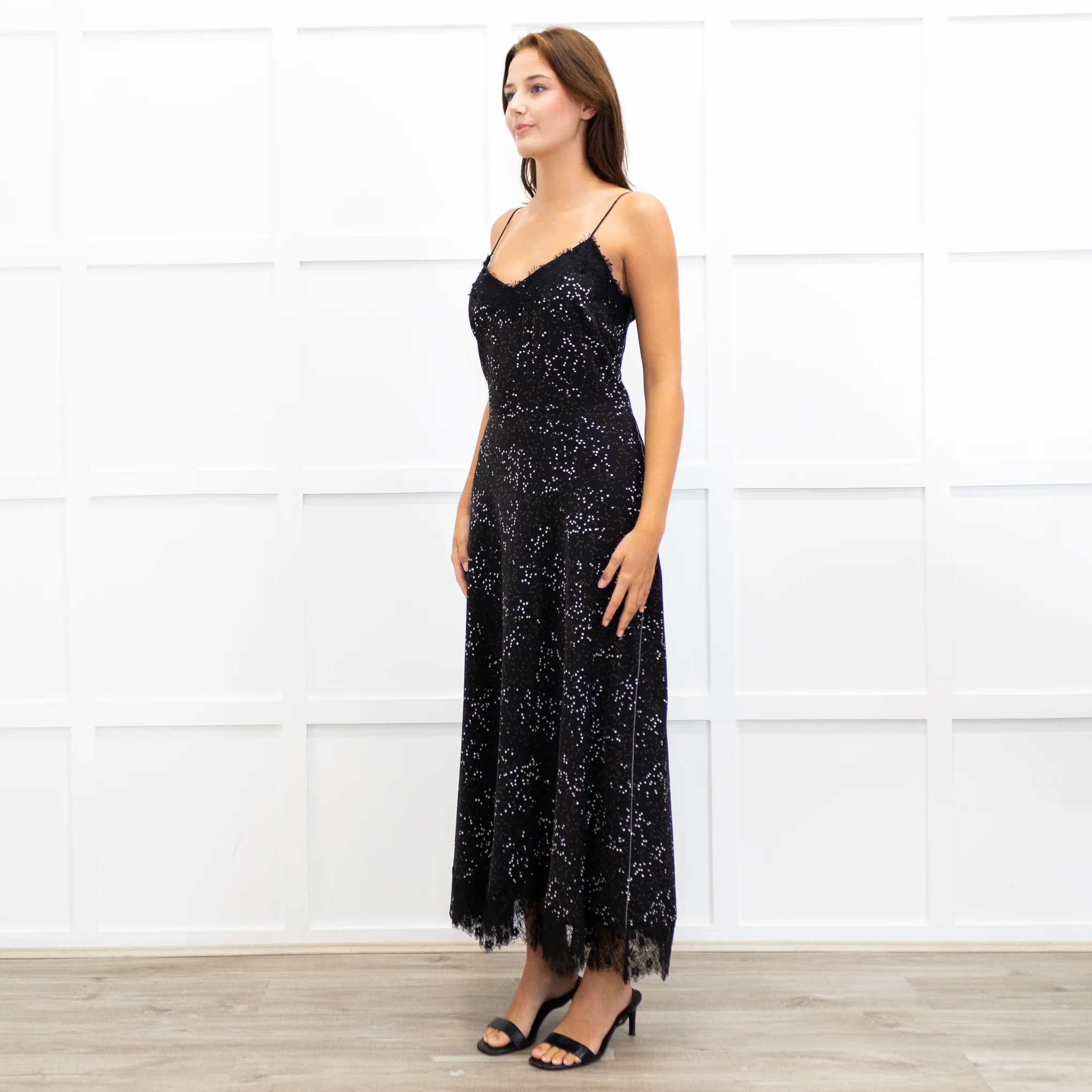Me + Em Black Lace Trimmed Spotted Print Strappy Maxi Dress - Image 3