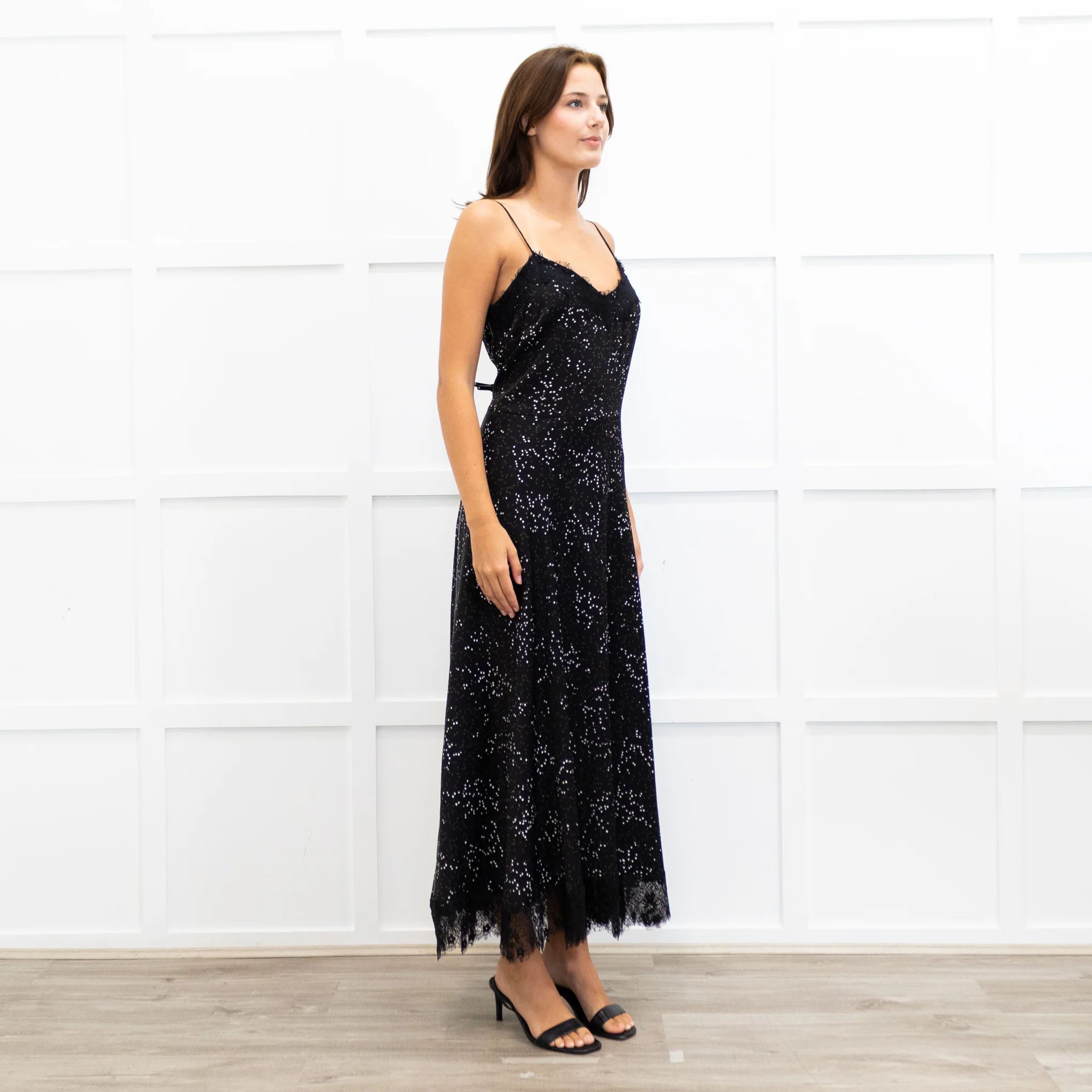 Me + Em Black Lace Trimmed Spotted Print Strappy Maxi Dress - Image 4