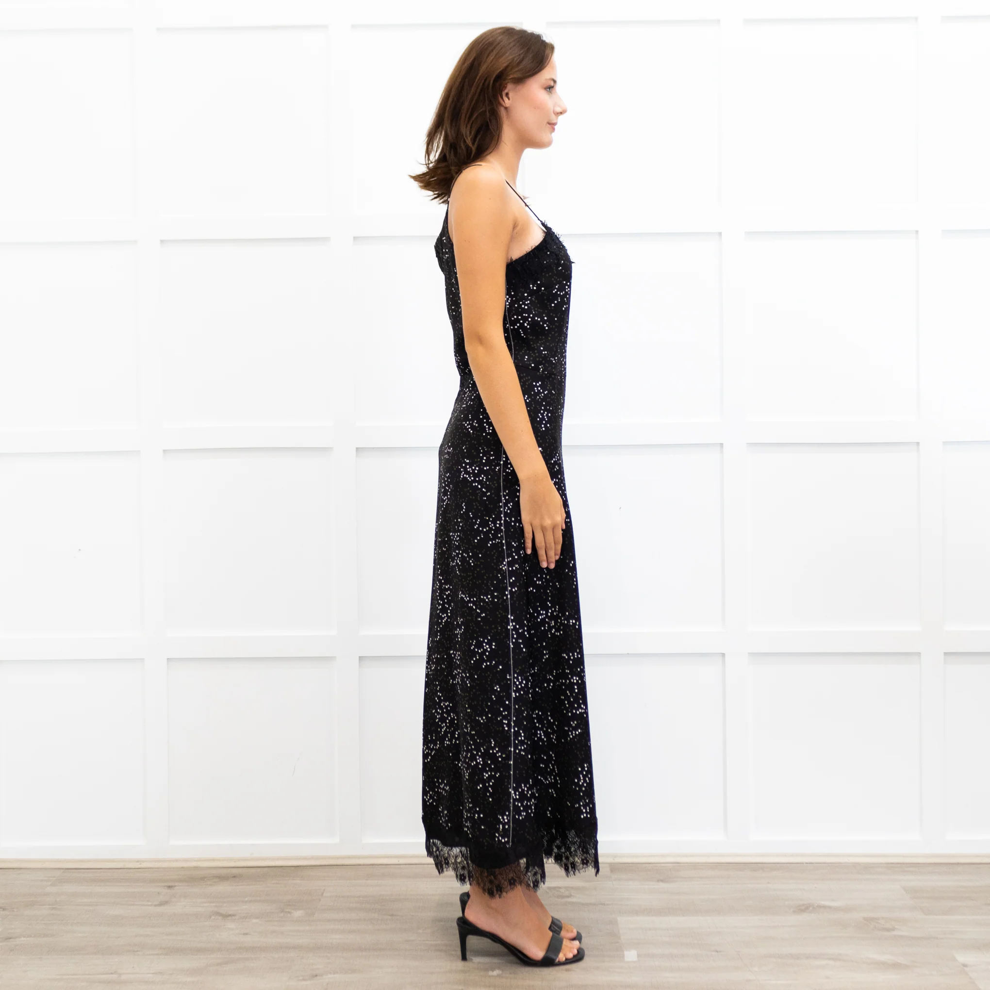 Me + Em Black Lace Trimmed Spotted Print Strappy Maxi Dress - Image 5