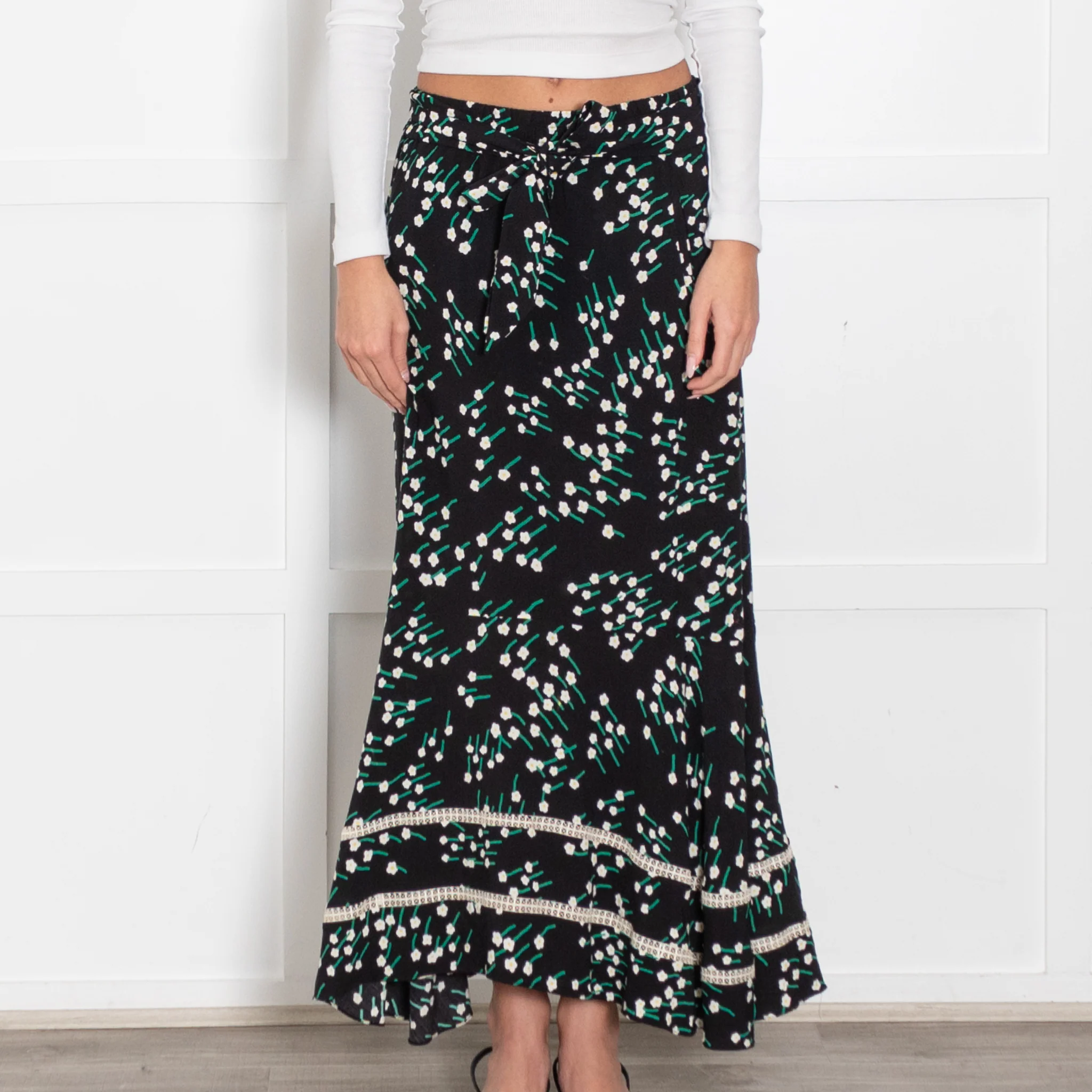 Me + Em Black Maxi Skirt With Green And White Floral Print - Image 2