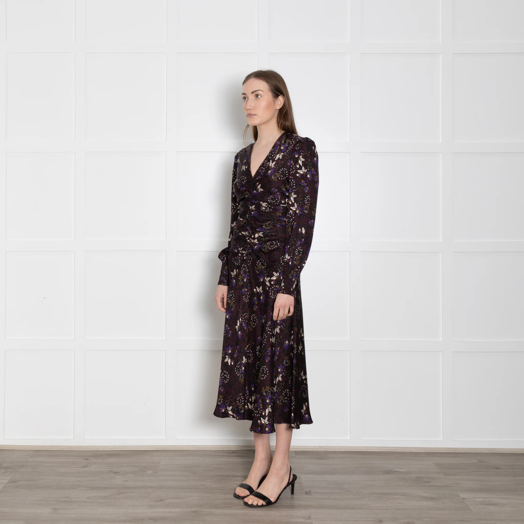 Me + Em Black Meadow Print Ruched Maxi Dress - Image 3