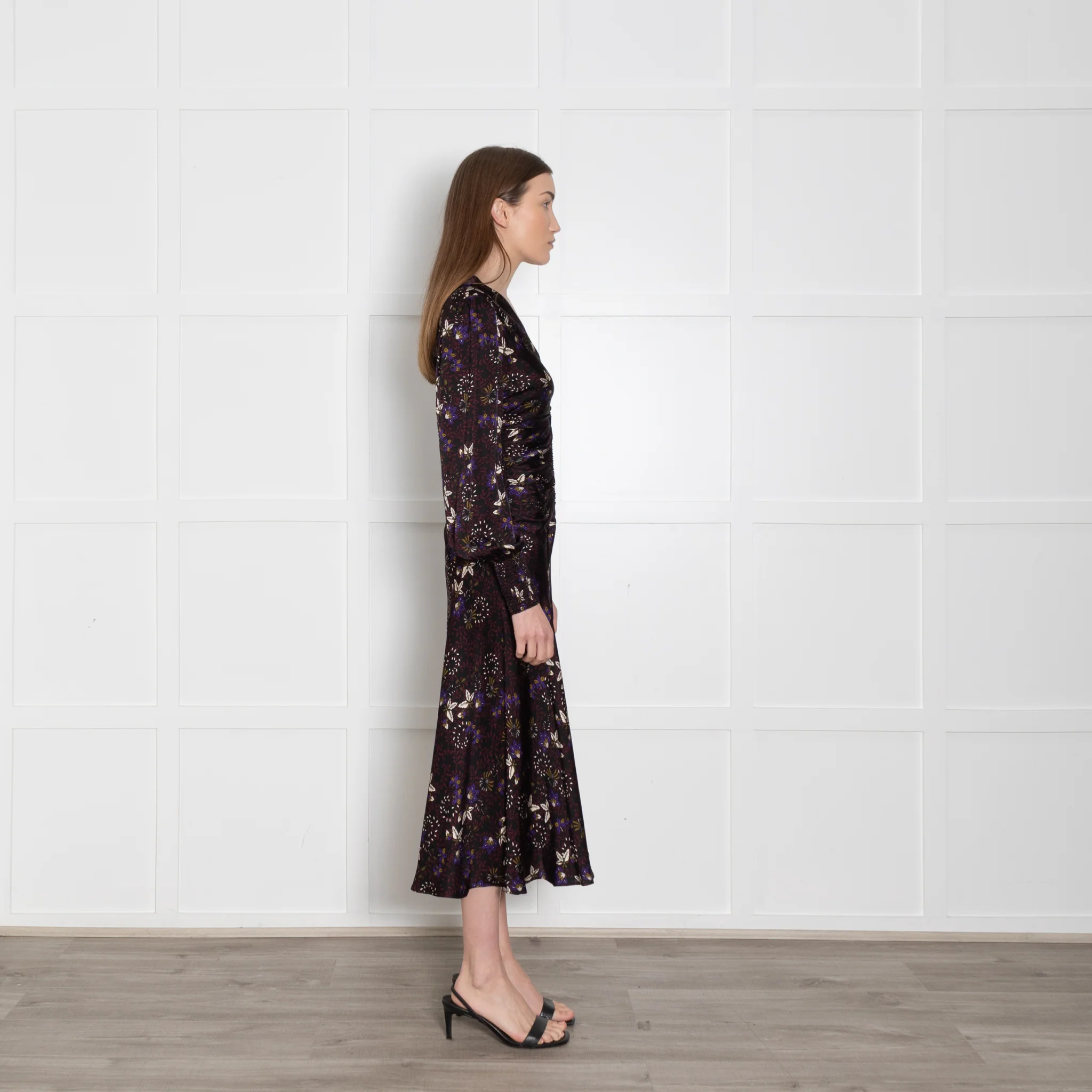 Me + Em Black Meadow Print Ruched Maxi Dress - Image 6