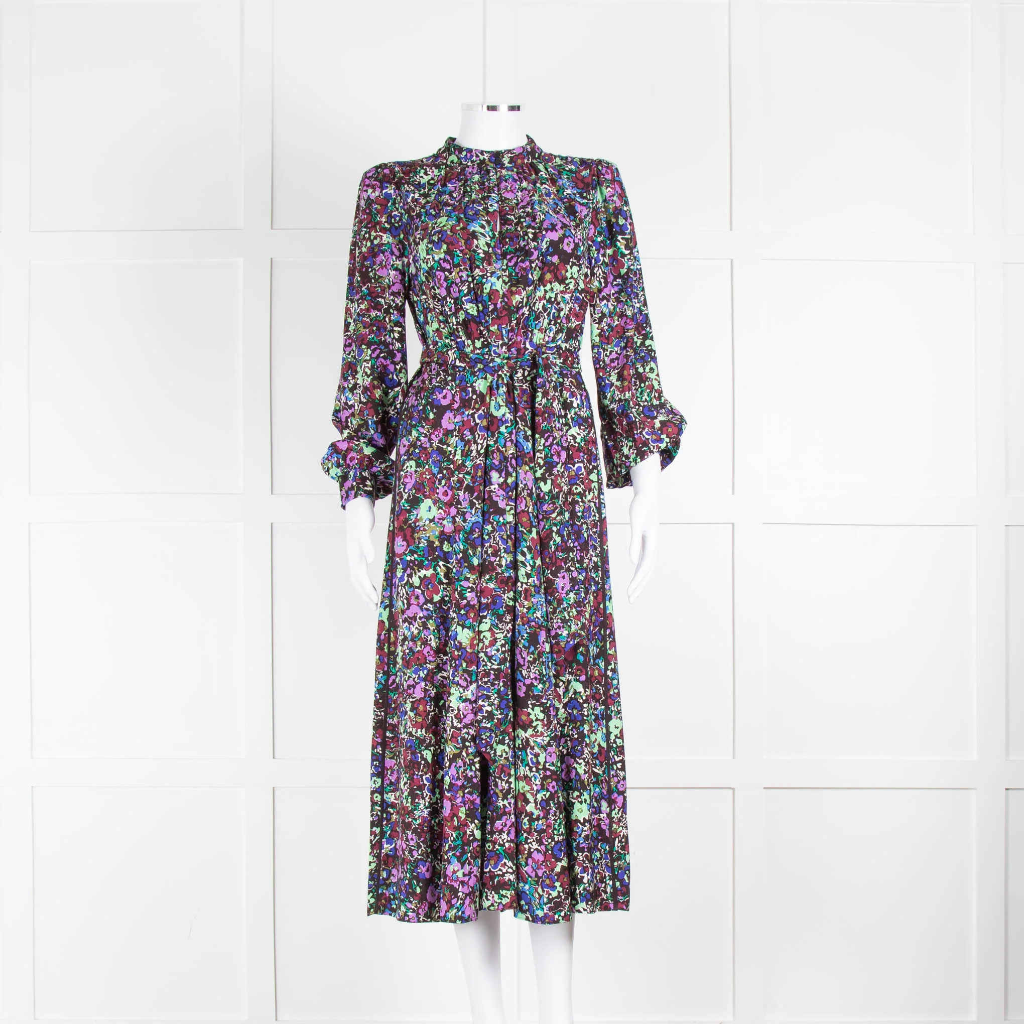 Me + Em Black Purple Floral Long Sleeve Belted Midi Dress