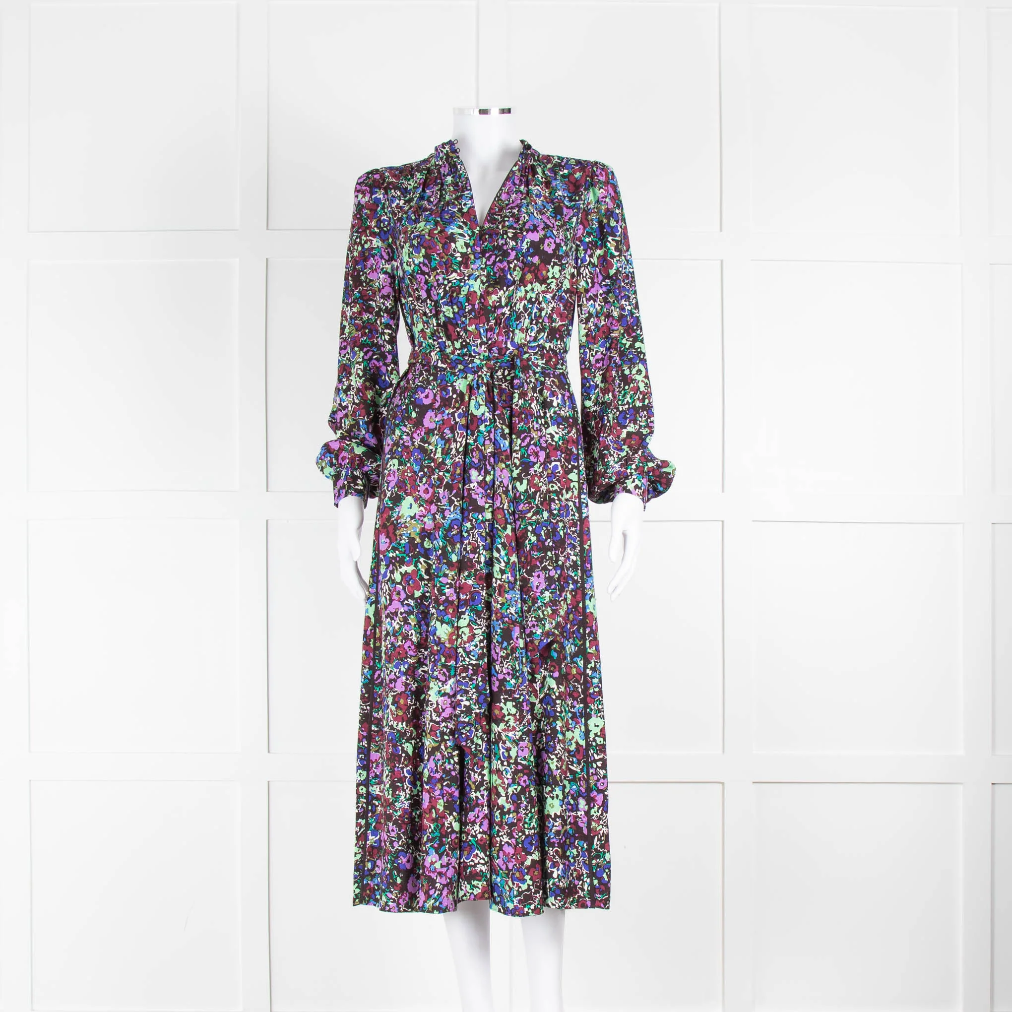 Me + Em Black Purple Floral Long Sleeve Belted Midi Dress - Image 2